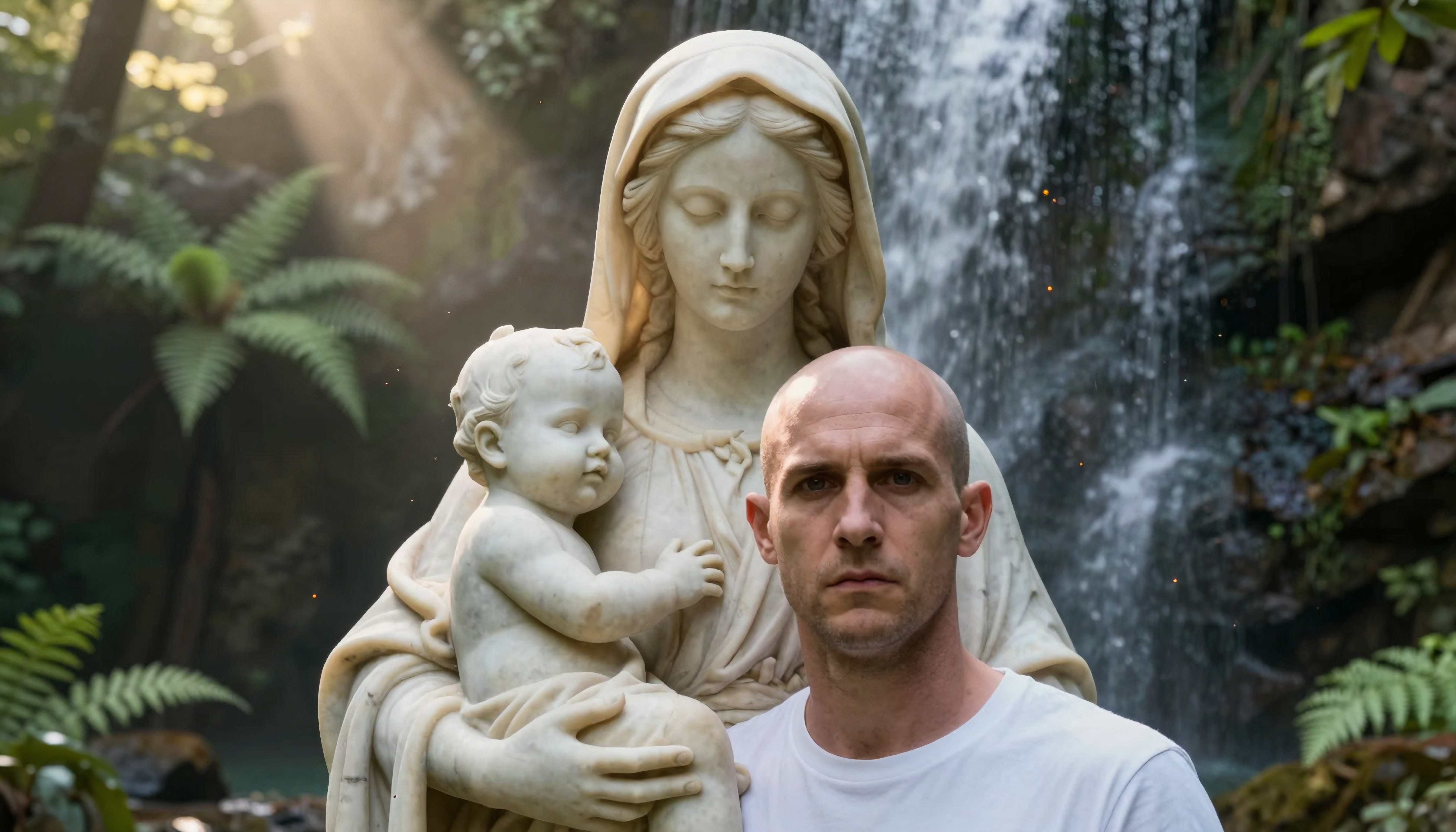Man beside Madonna and Child statue near tropical waterfall