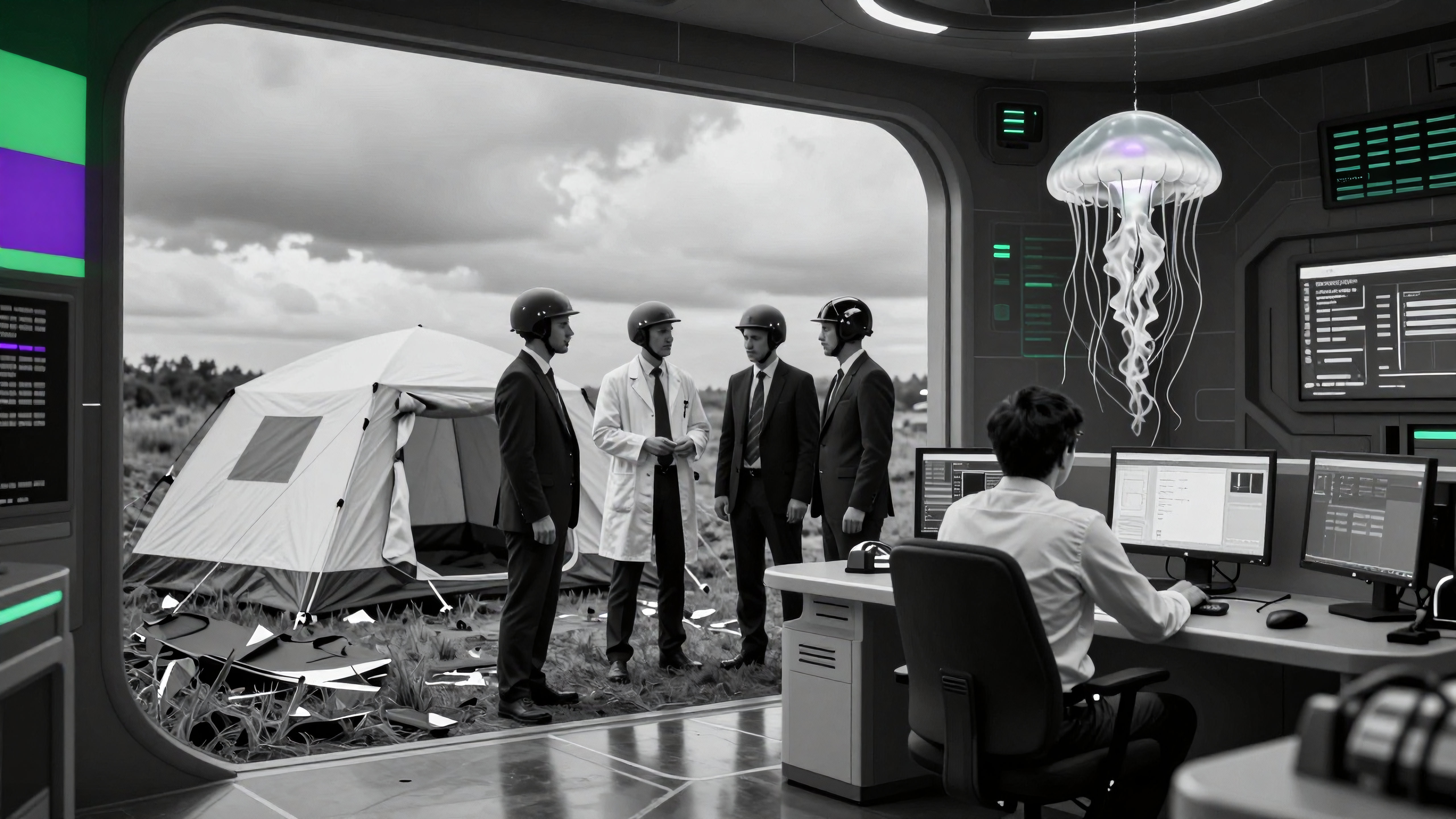 Futuristic Control Room with Scientists Monitoring Outdoor Tent Deployment