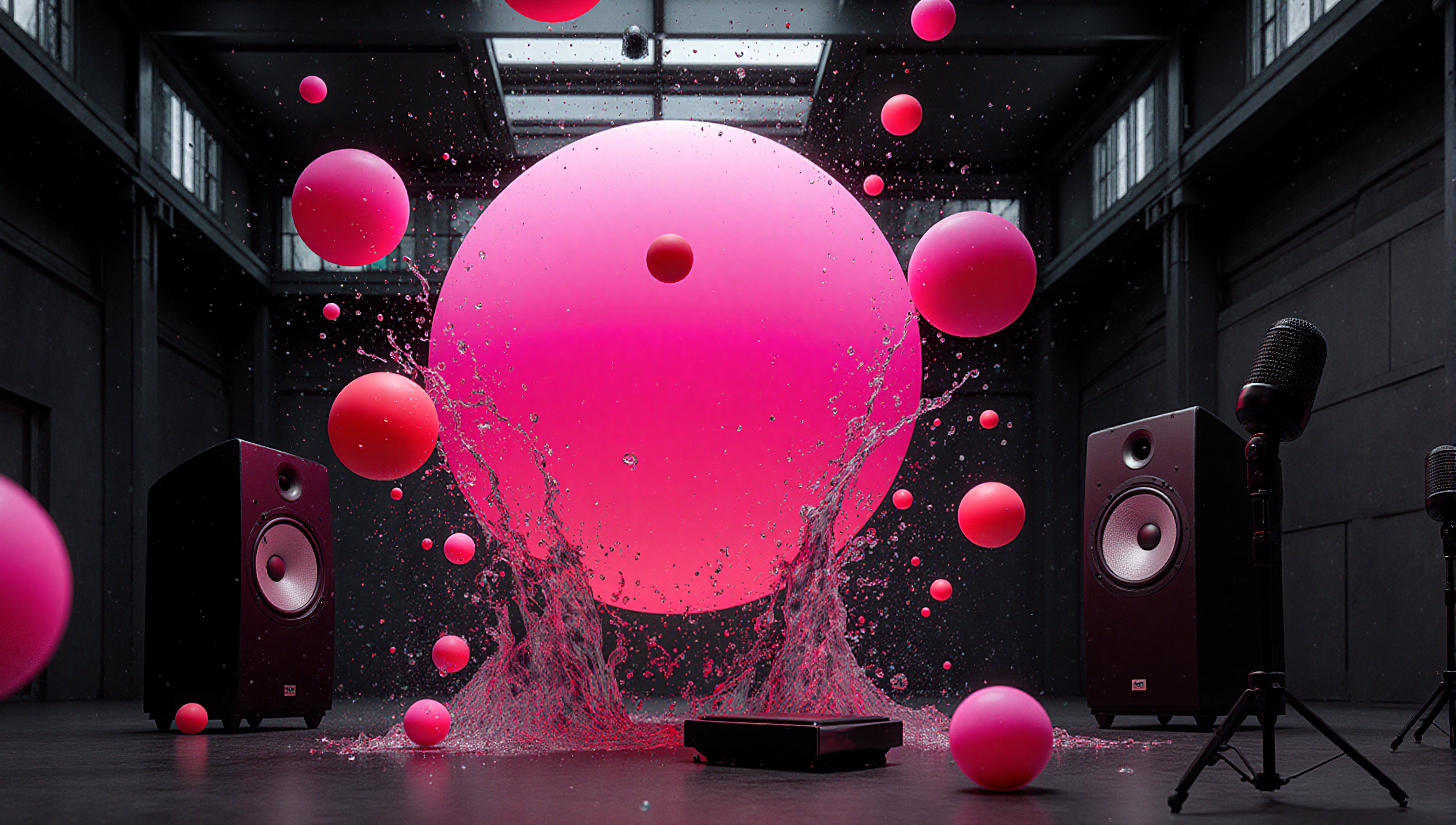 Vibrant Pink Sphere with Floating Orbs in Industrial Audio Studio