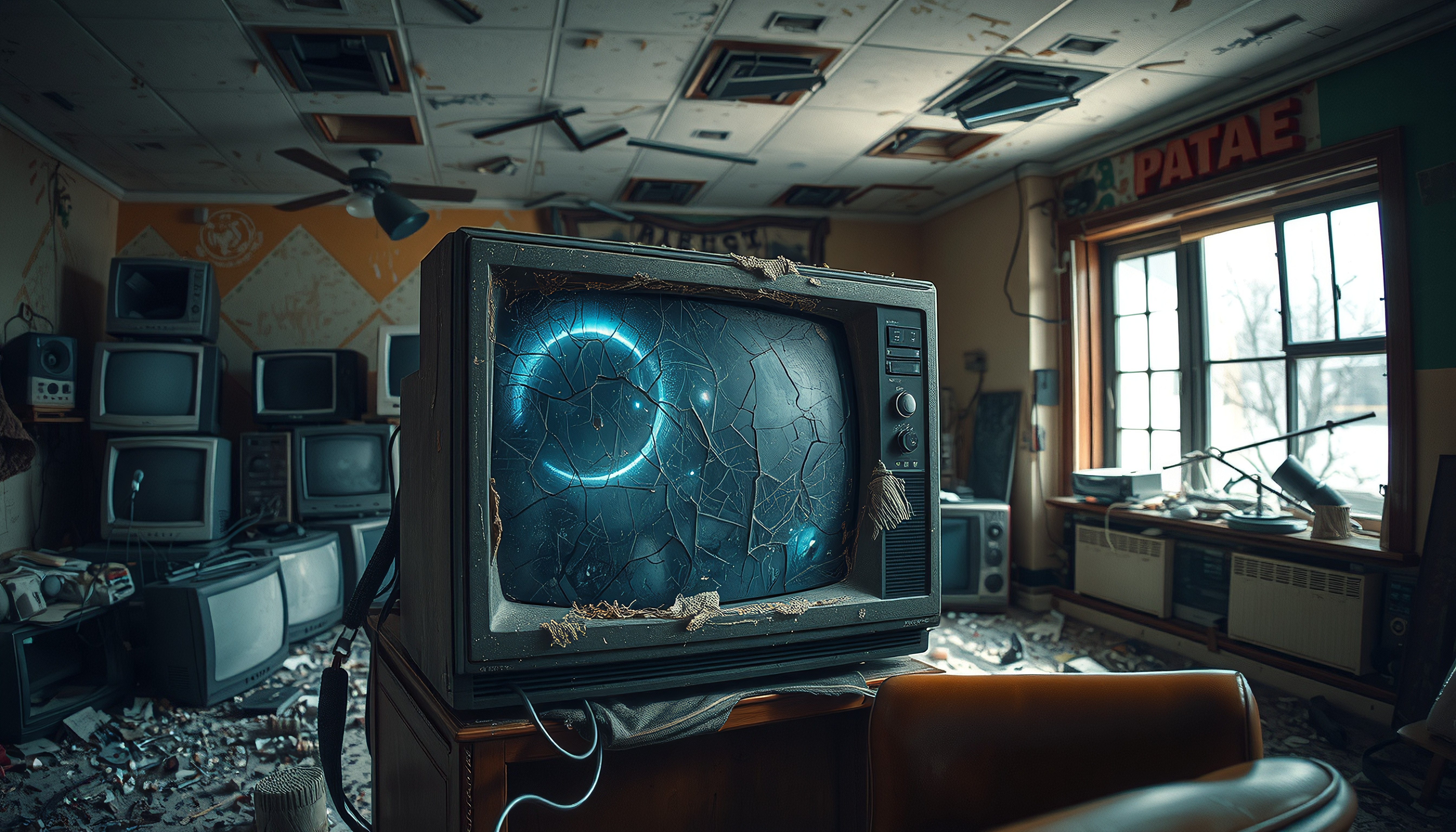 Cracked Vintage Television with Glowing Ring in Abandoned Electronics Workshop