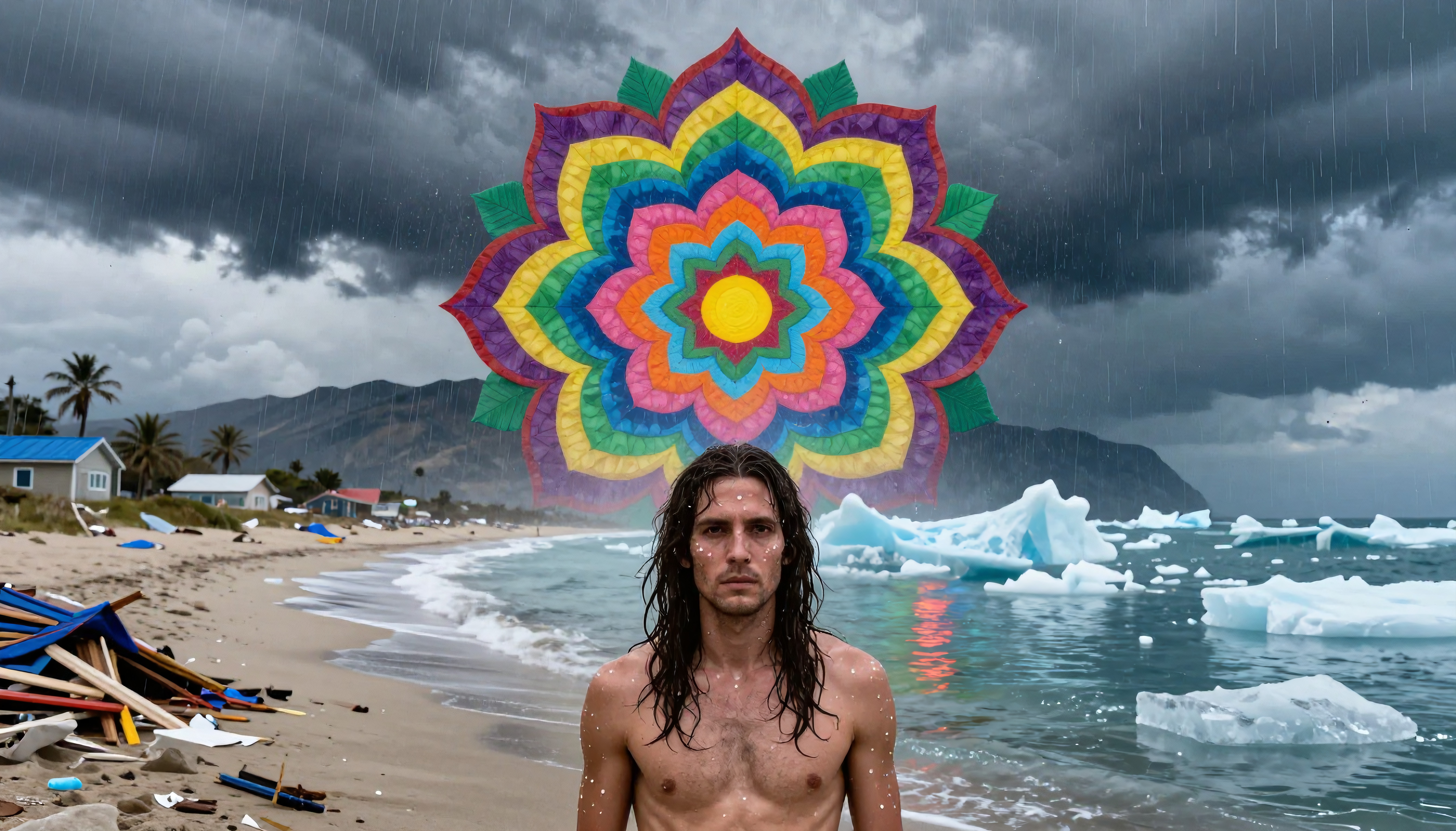 Stormy Beach with Vibrant Mandala and Wet Man Amidst Icebergs and Debris