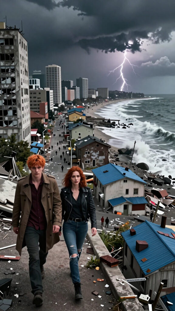 Post-Apocalyptic Coastal Cityscape with Lightning Storm and Walking Figures