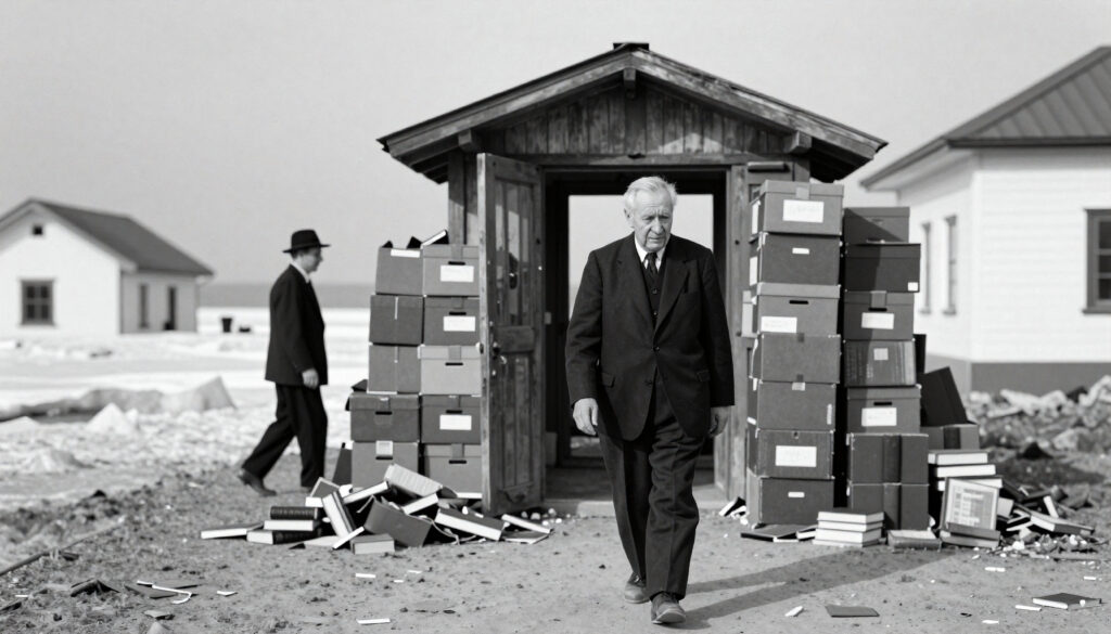 Man Walking Past Archival Boxes and Weathered Shed on Desolate Beach