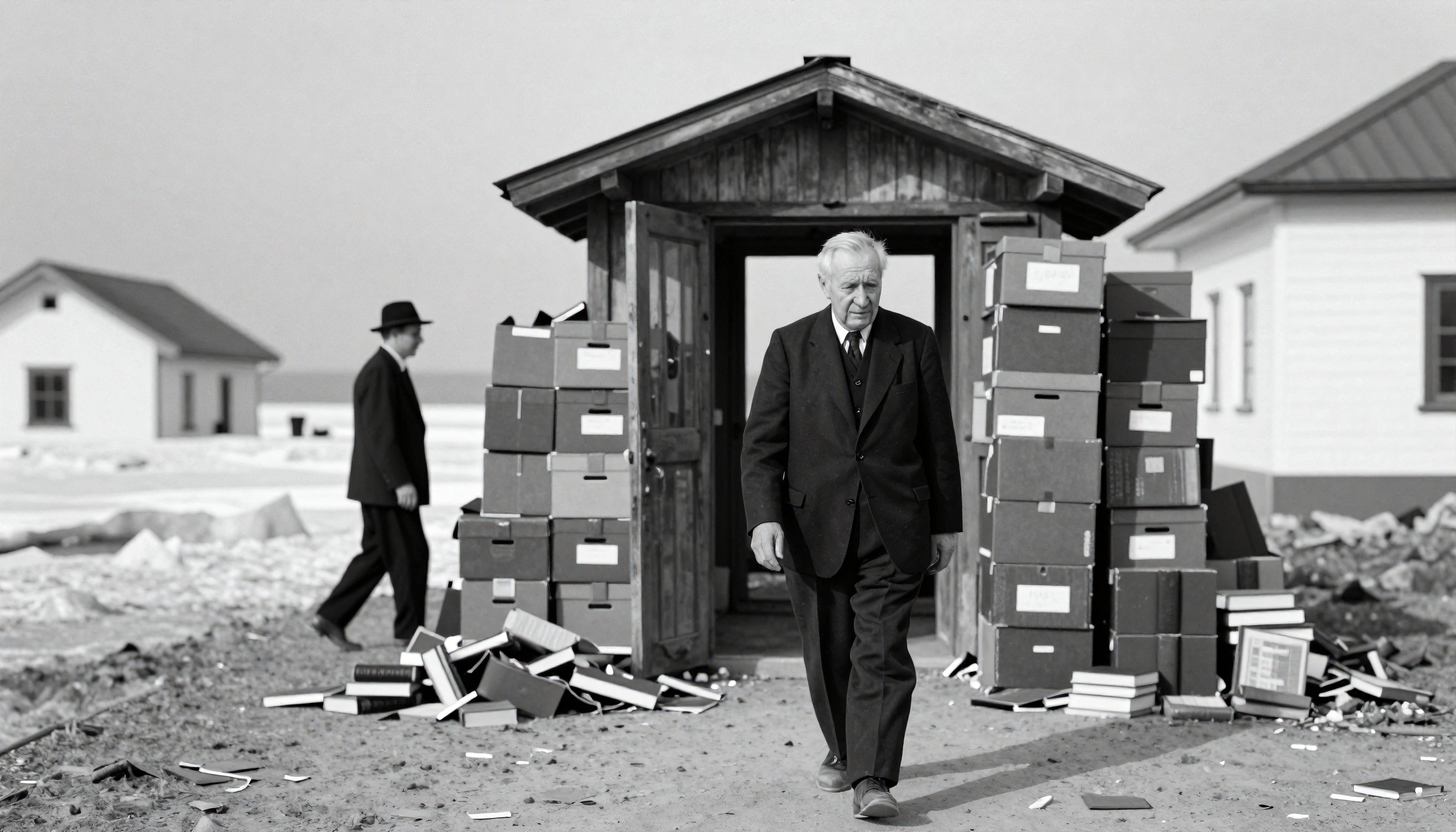 Man Walking Past Archival Boxes and Weathered Shed on Desolate Beach