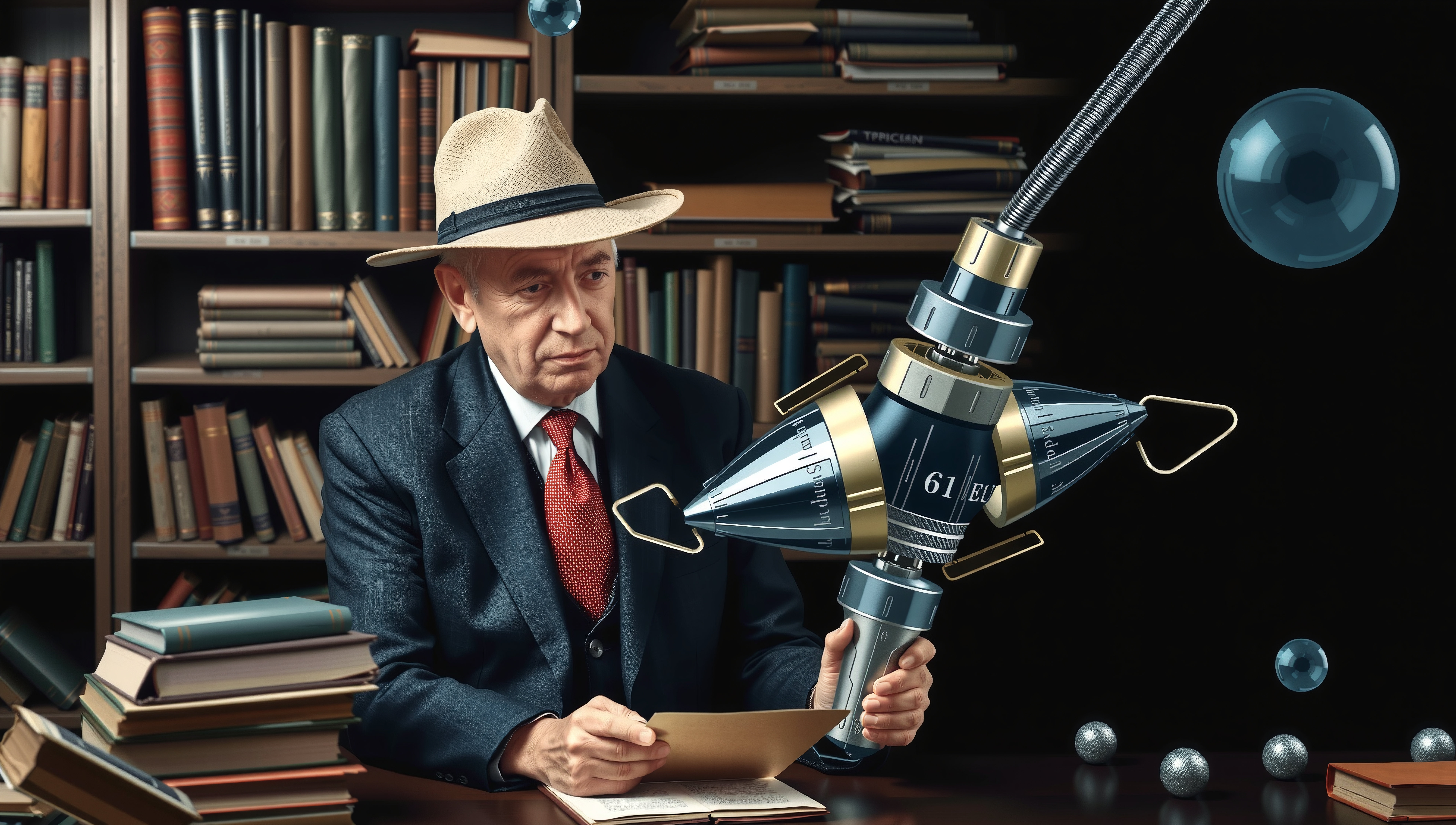 Vintage Scholar with Futuristic Device in Library Study