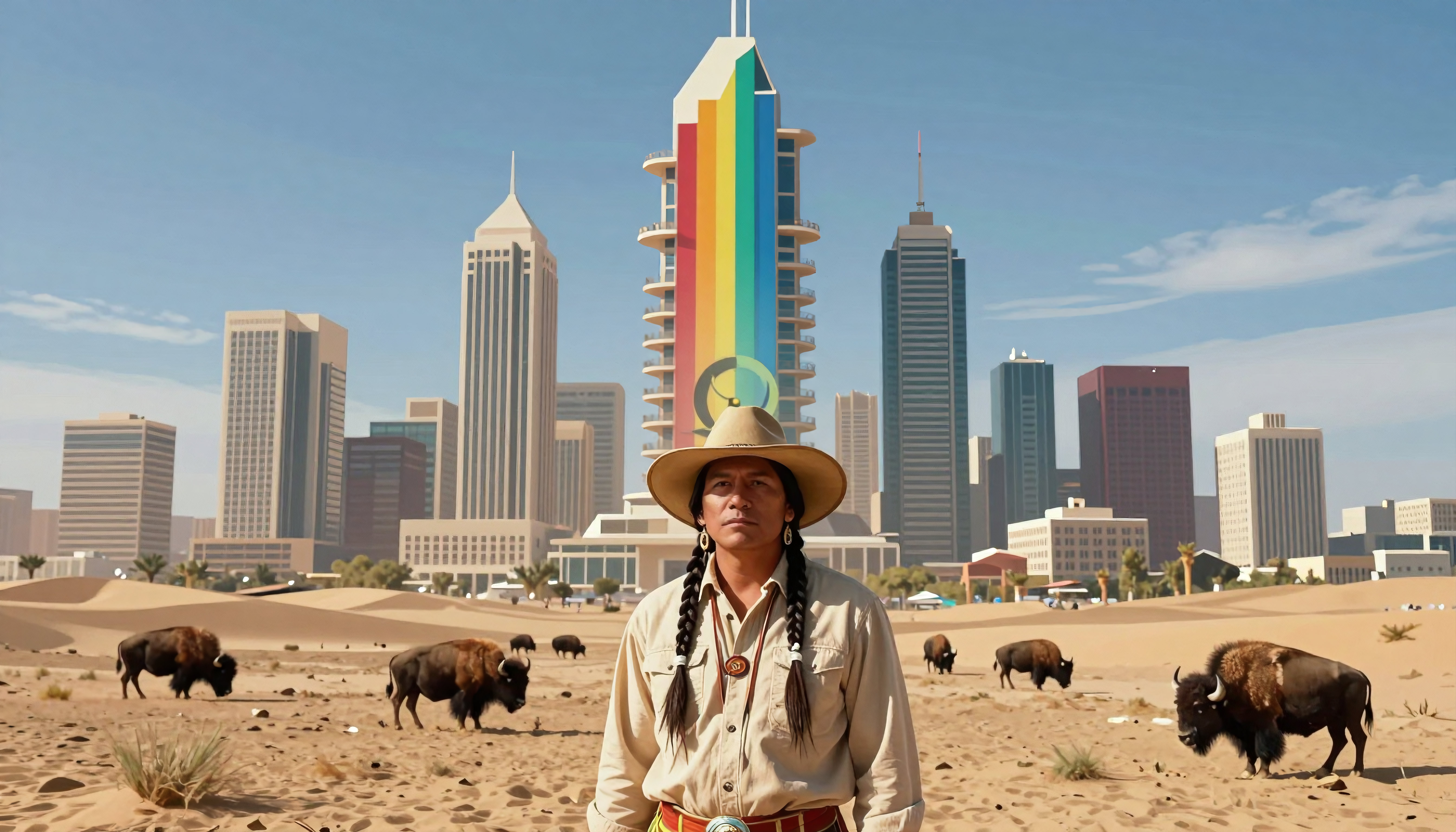 Native American man with bison and rainbow skyscraper in desert cityscape