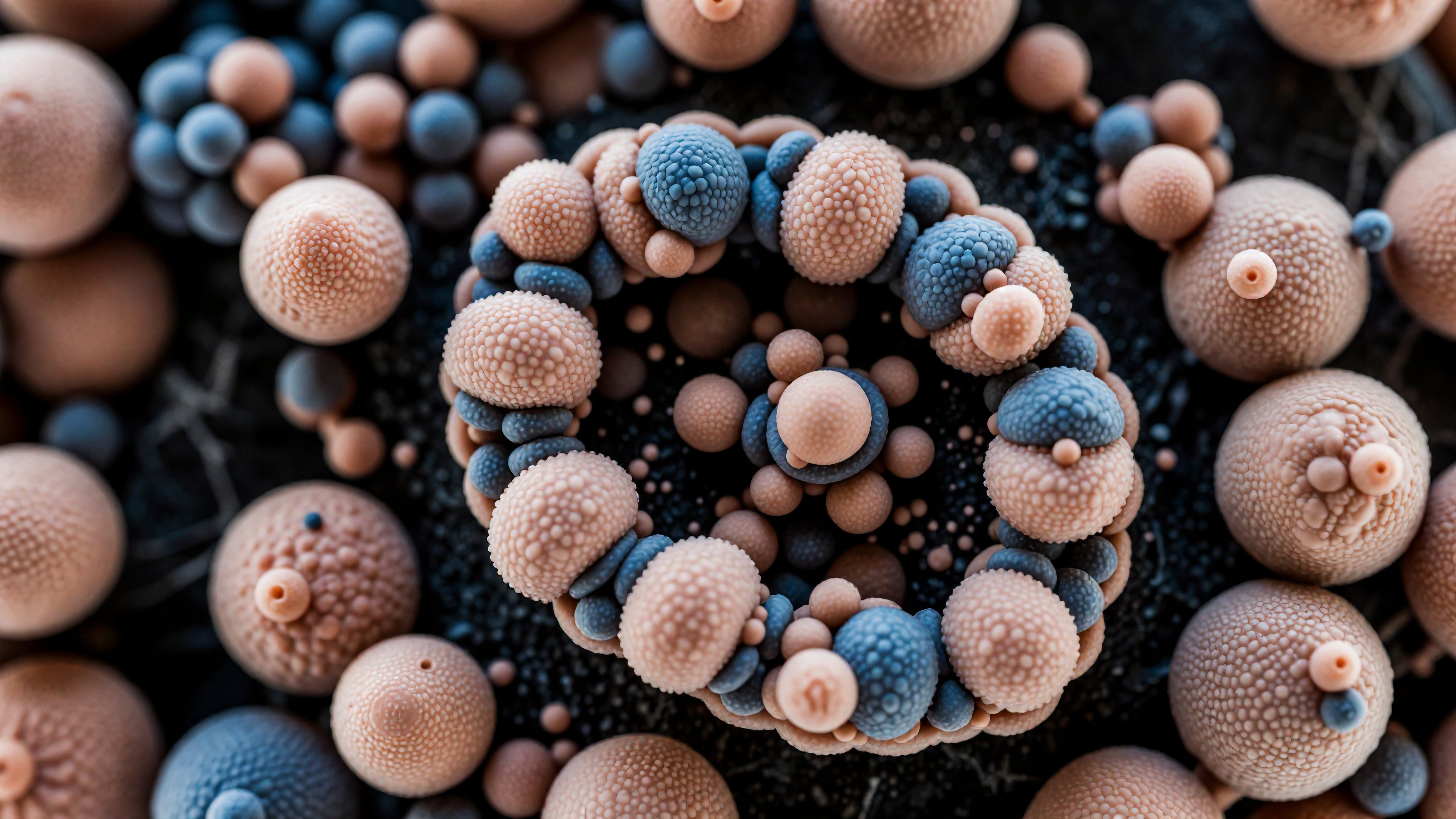 Microscopic Spherical Structures in Beige and Blue Tones
