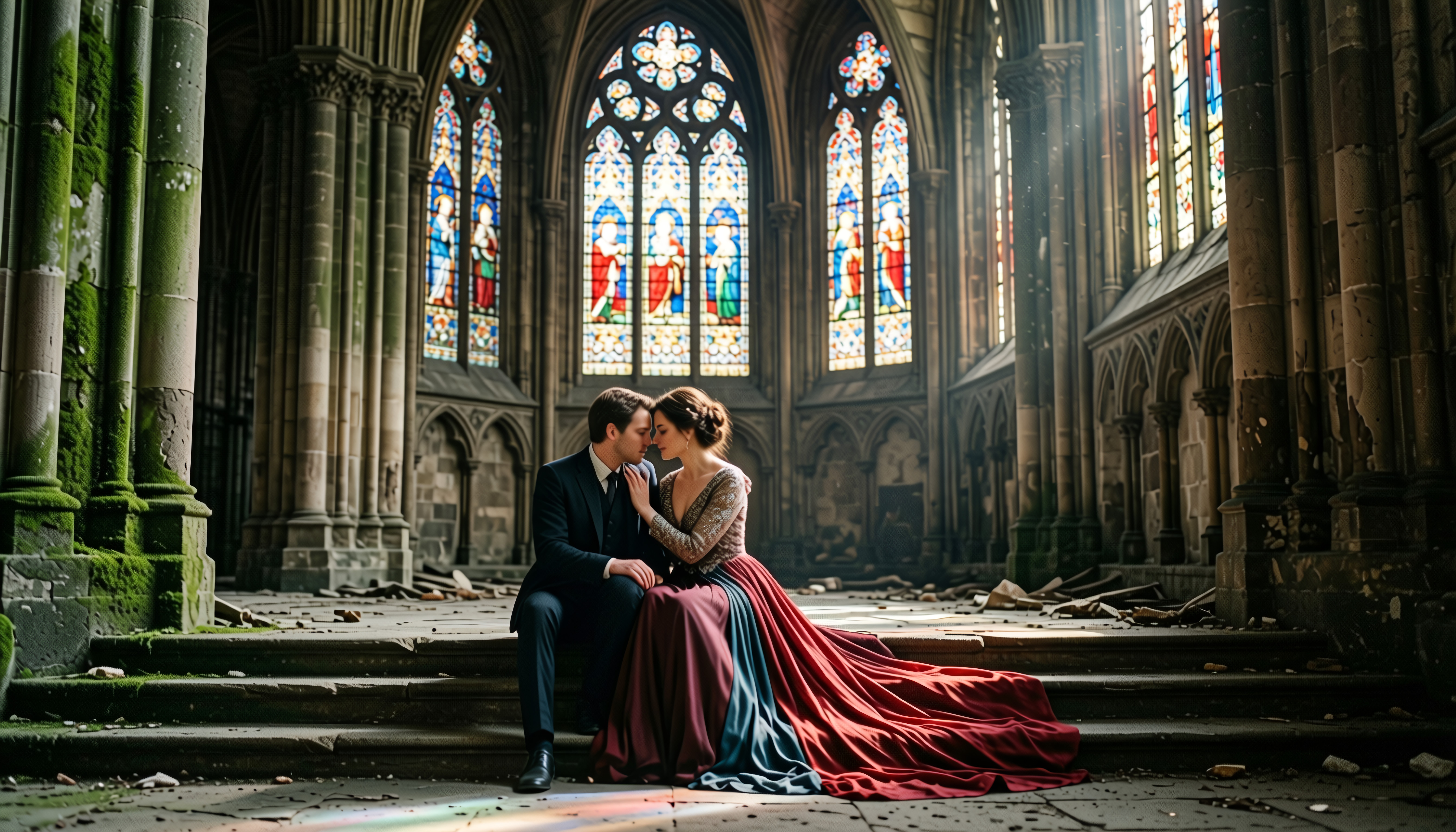 Romantic Couple in a Gothic Cathedral Interior