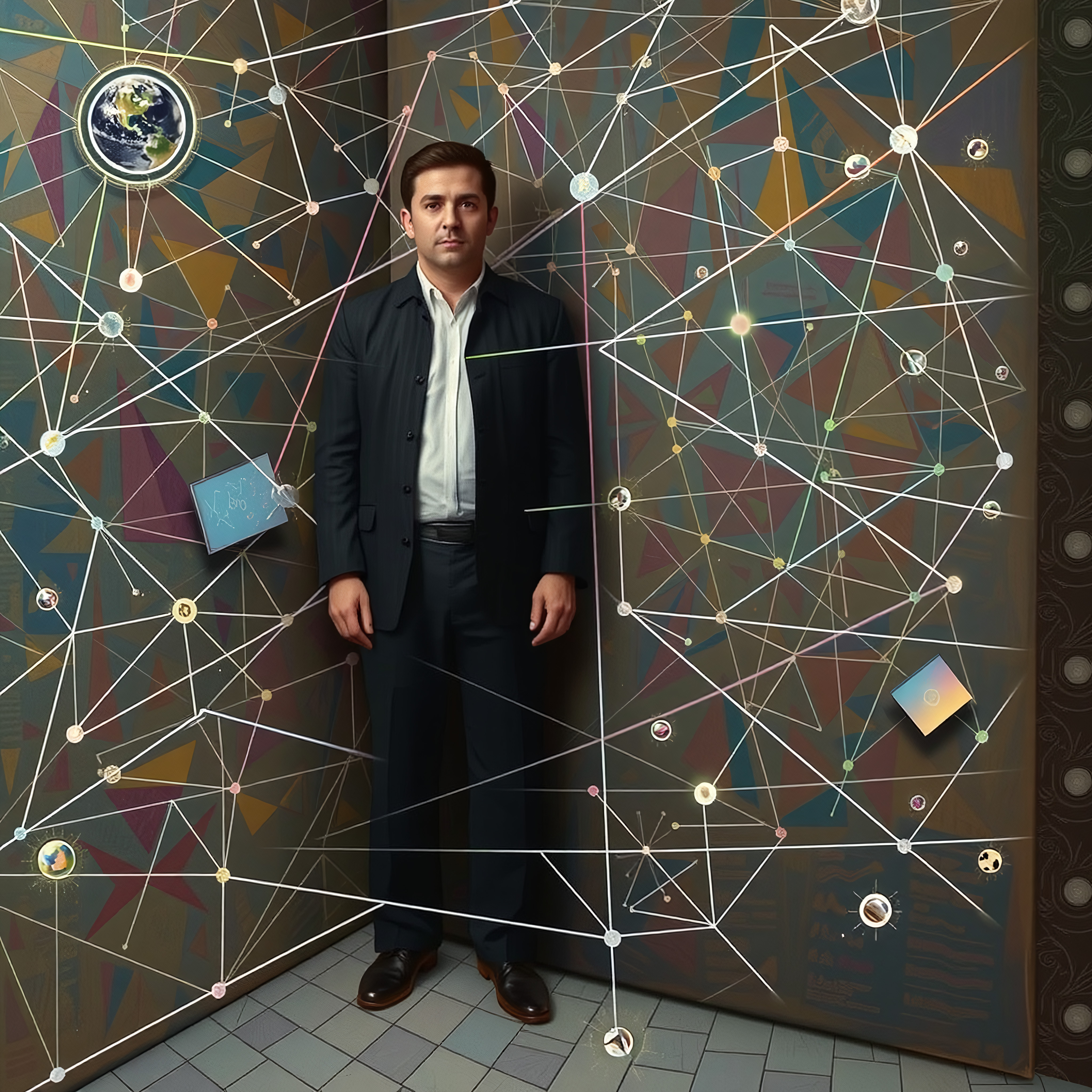 Successful man in professional attire standing in a modern, futuristic interconnected room
