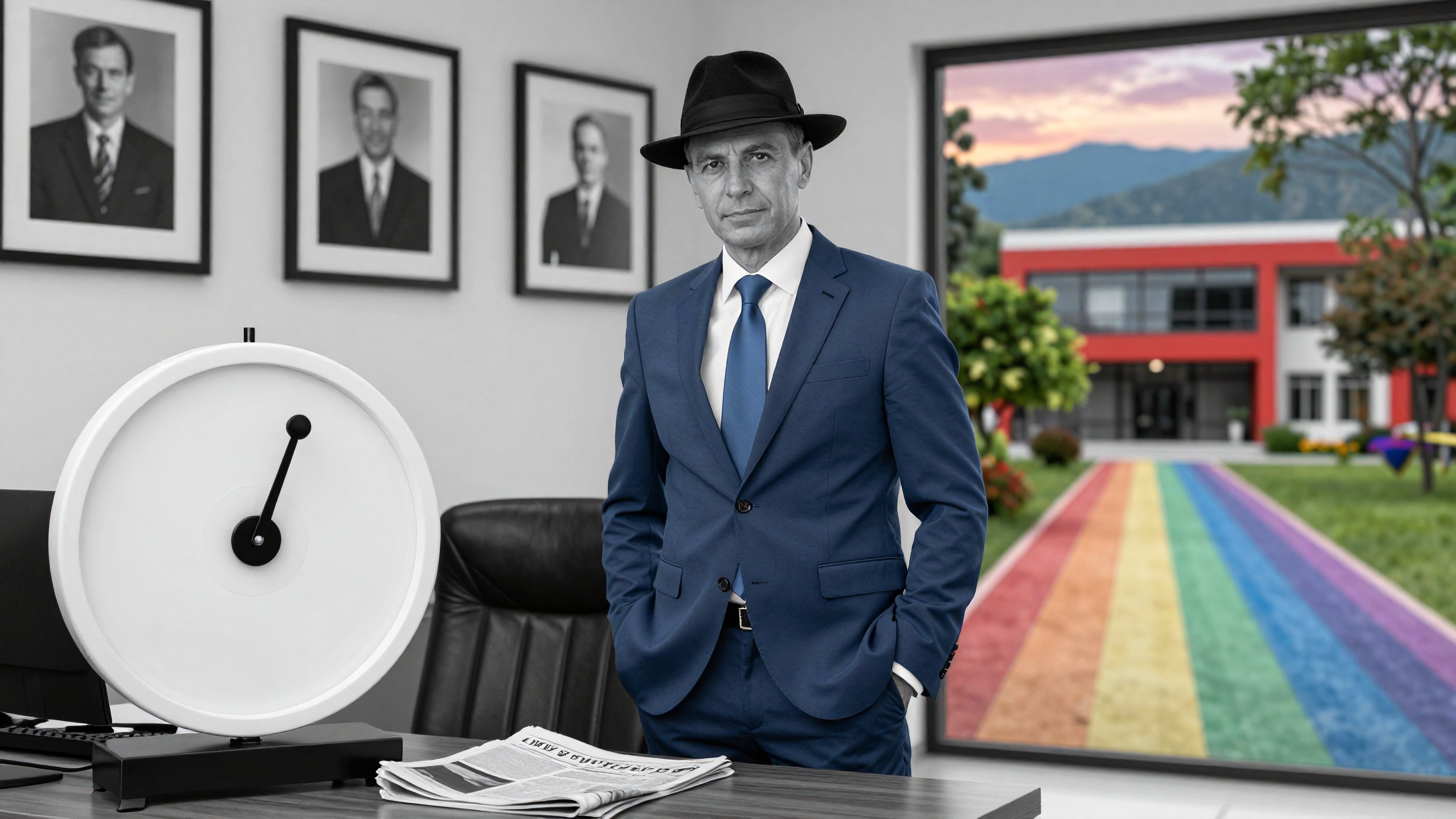 Business Executive in Office with Rainbow Path and Architectural View