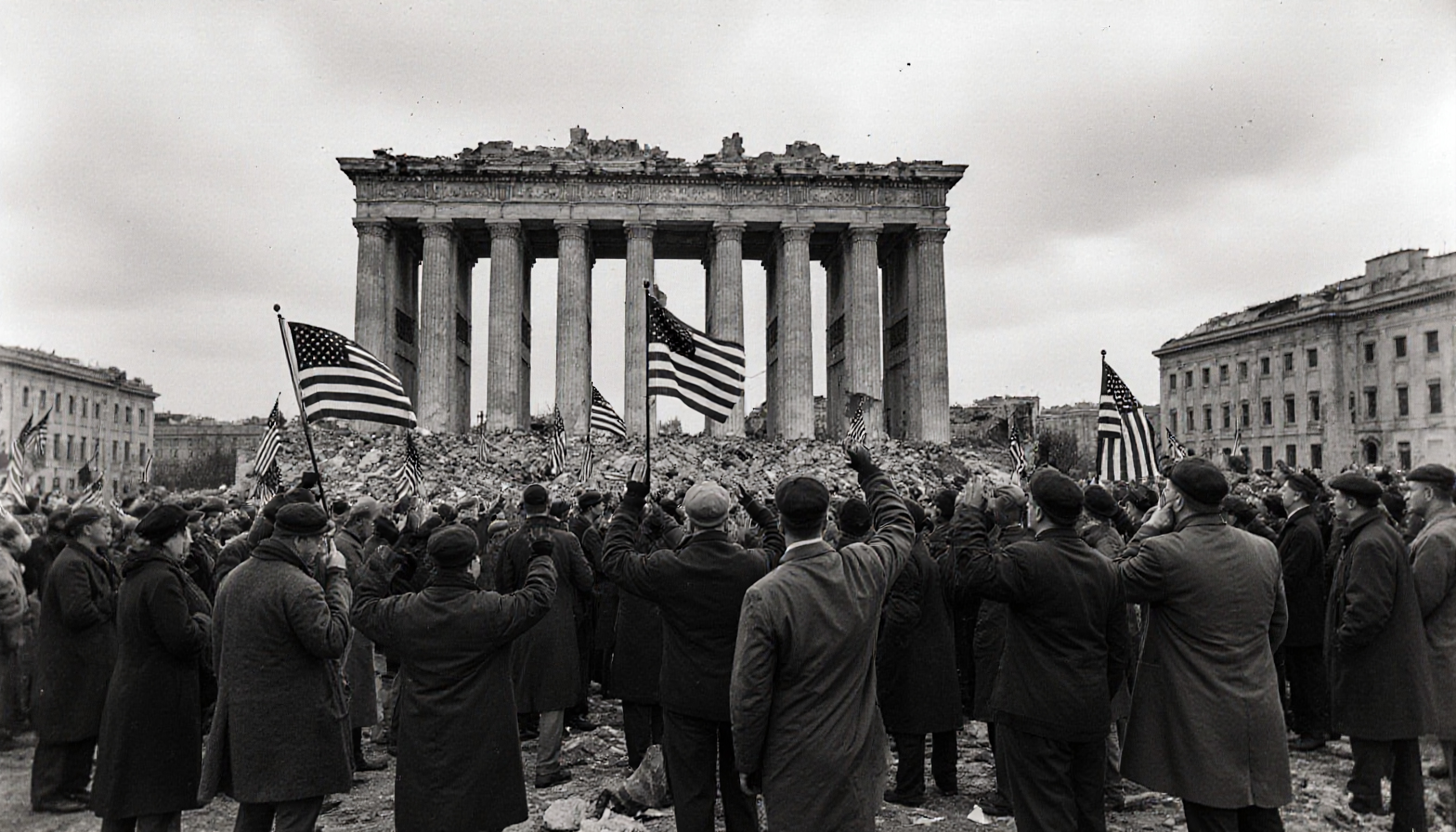 Crowd Celebrating Victory at Nashville Parthenon with American Flags