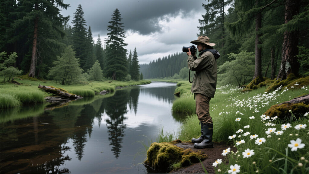 Nature Photographer Amidst Serene Forest Lake