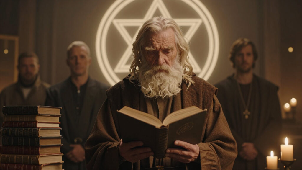 Mystical Scholar Reading Ancient Text with Pentagram Emblem