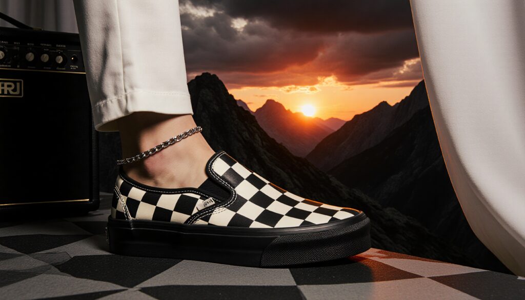 Checkered Slip-On Sneakers with Ankle Chain Against Mountain Sunset