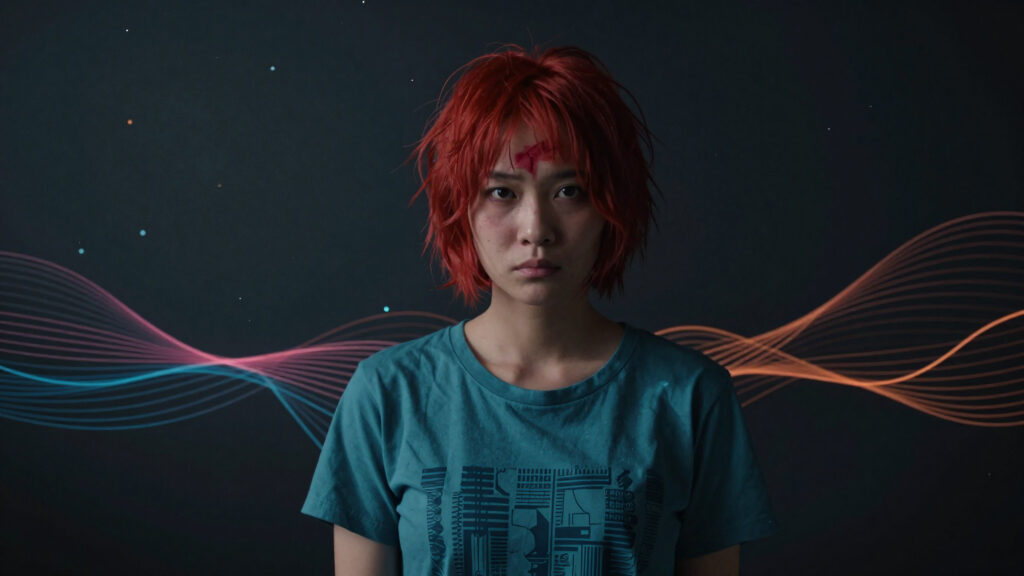 Red-Haired Person with Teal Graphic Tee Against Abstract Light Waves Background