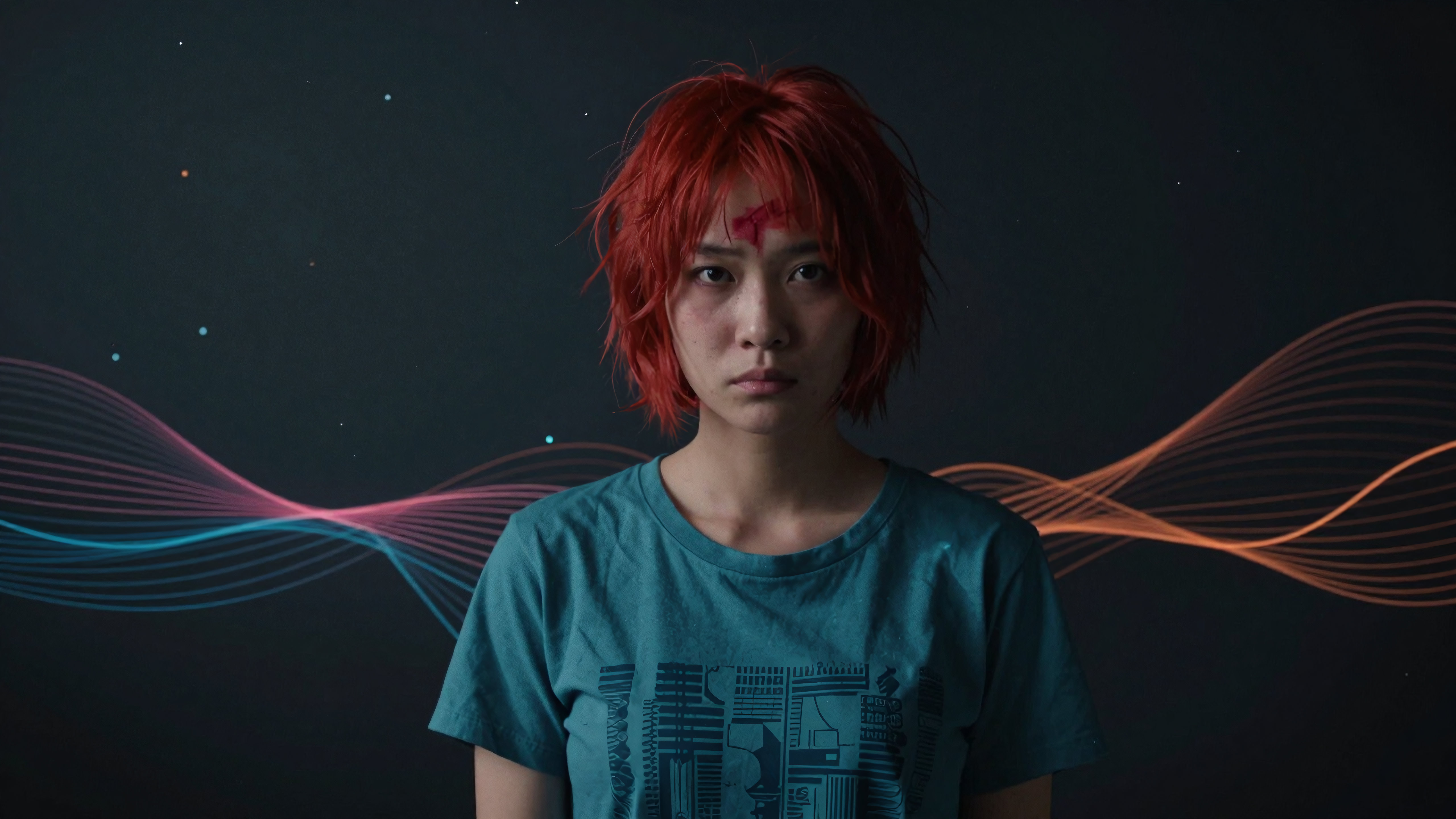Red-Haired Person with Teal Graphic Tee Against Abstract Light Waves Background