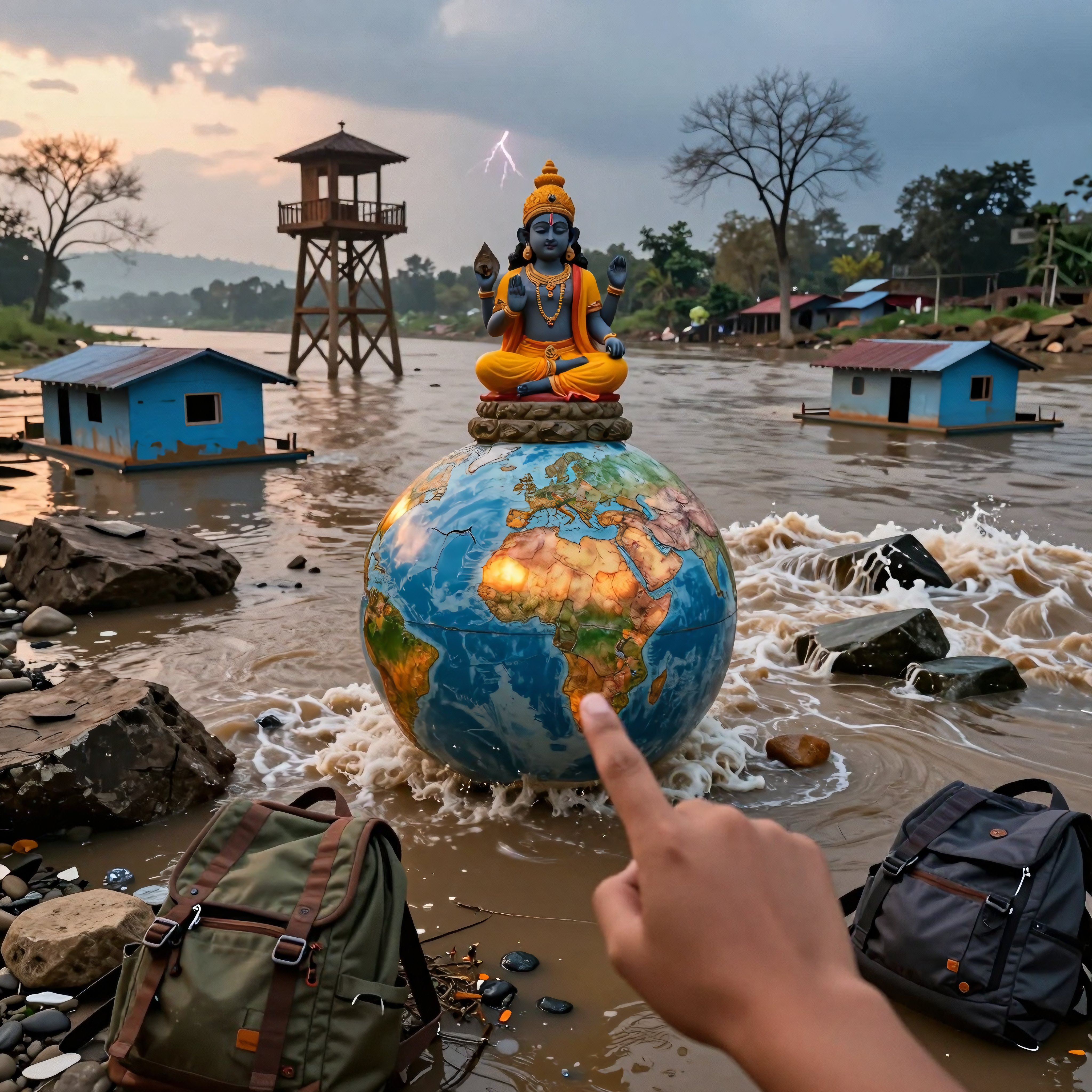 Deity Statue on Globe Amidst Flooded River Scene at Sunset