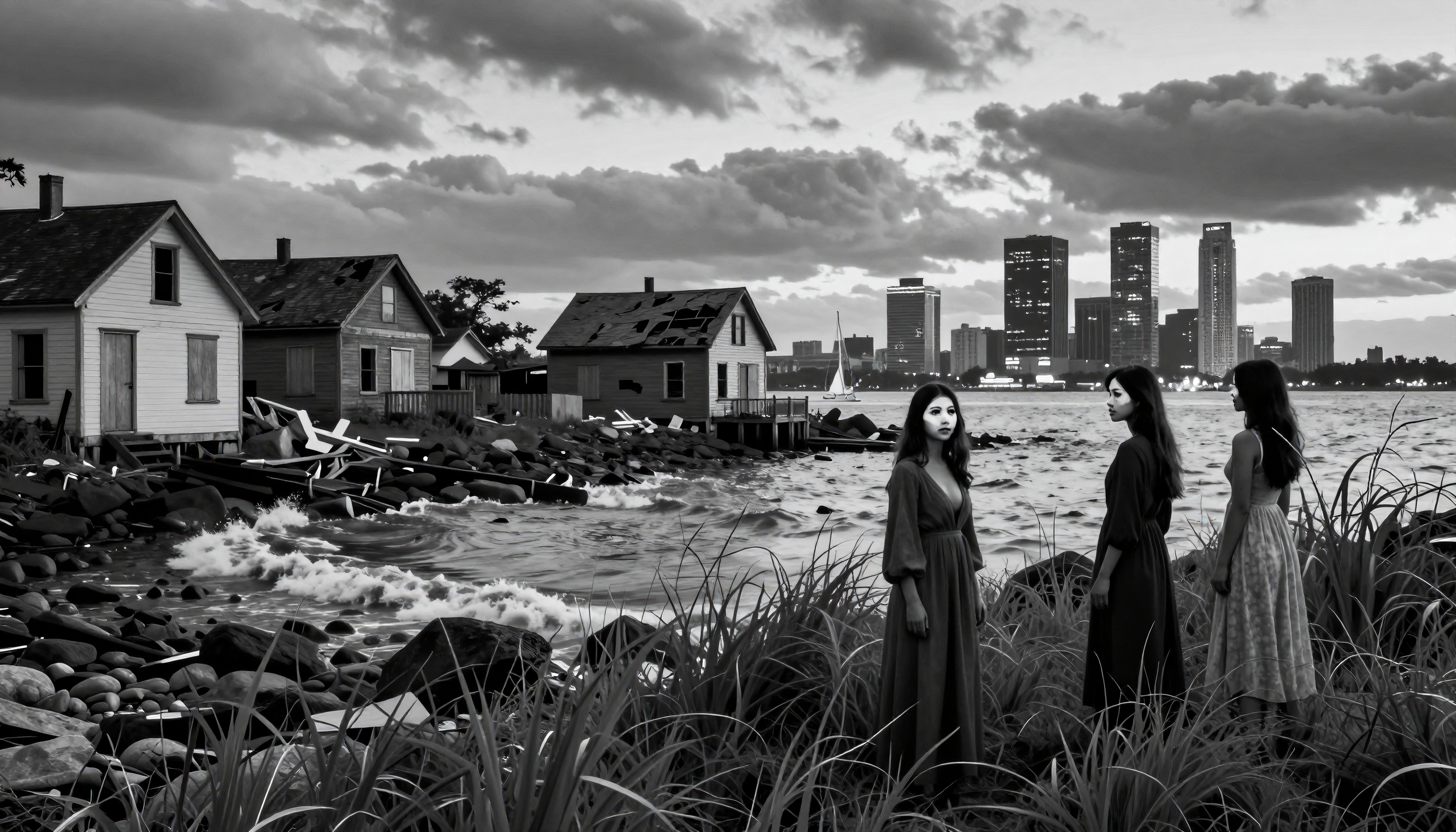 Three Women by the Water with Deteriorating Homes and City Skyline