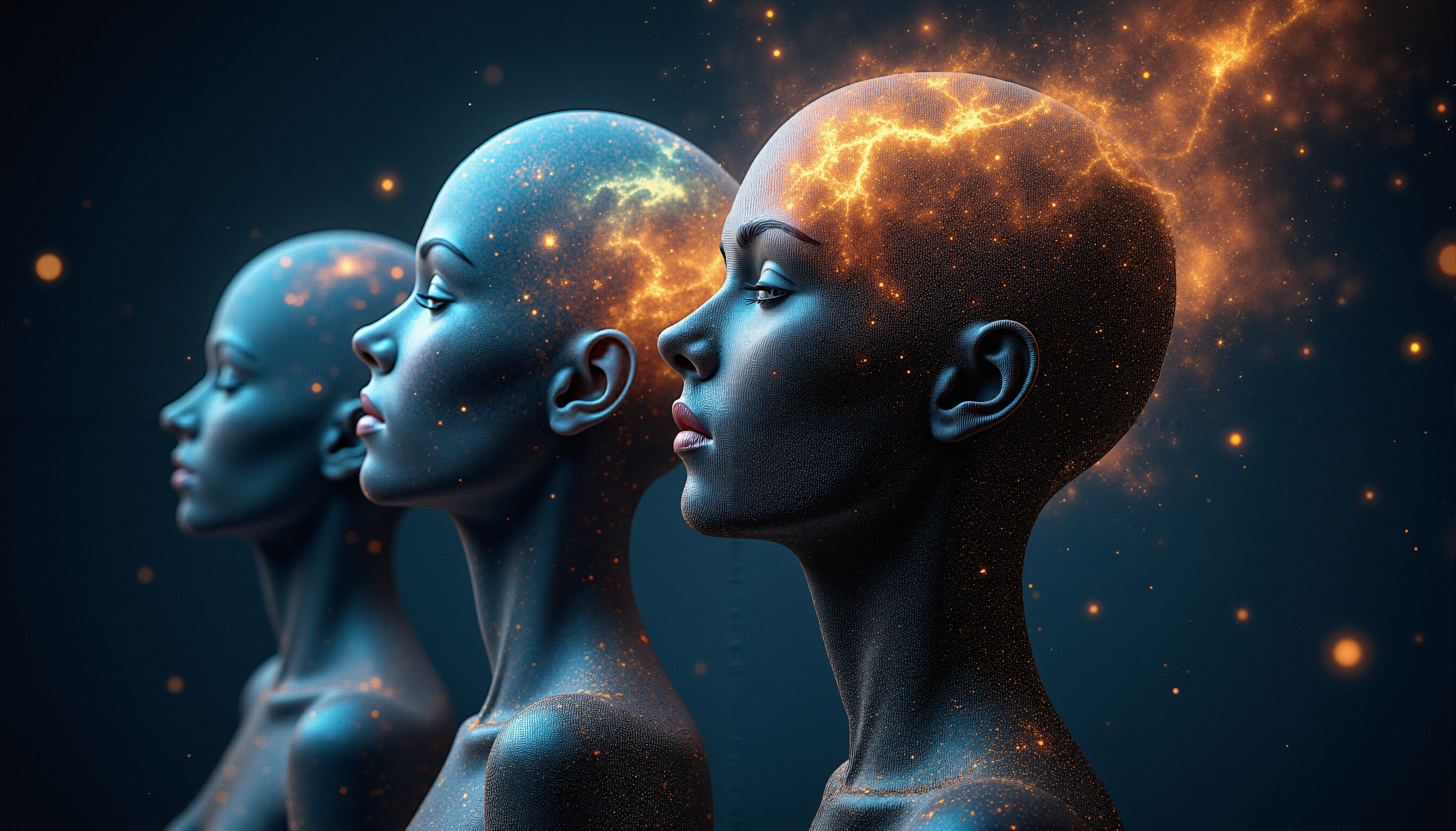 Stylized Human Profiles with Galaxy and Lightning Inside Heads