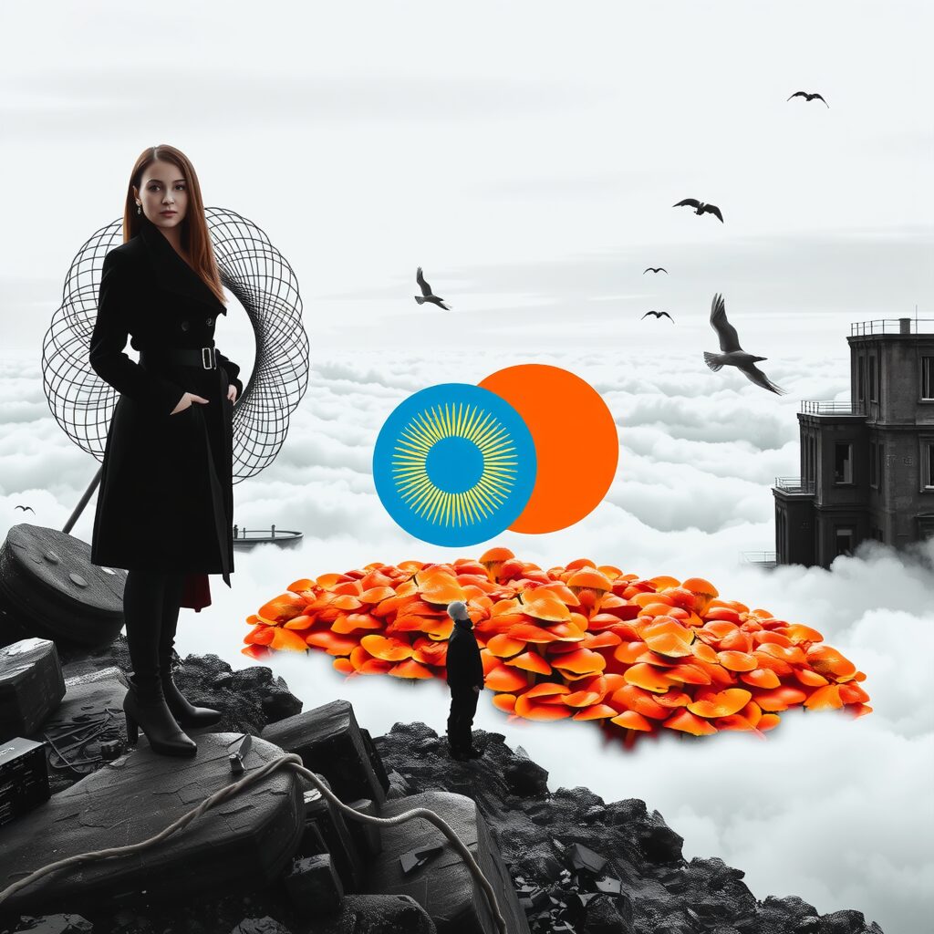 Surreal Cloudscape with Human Figures and Abstract Elements