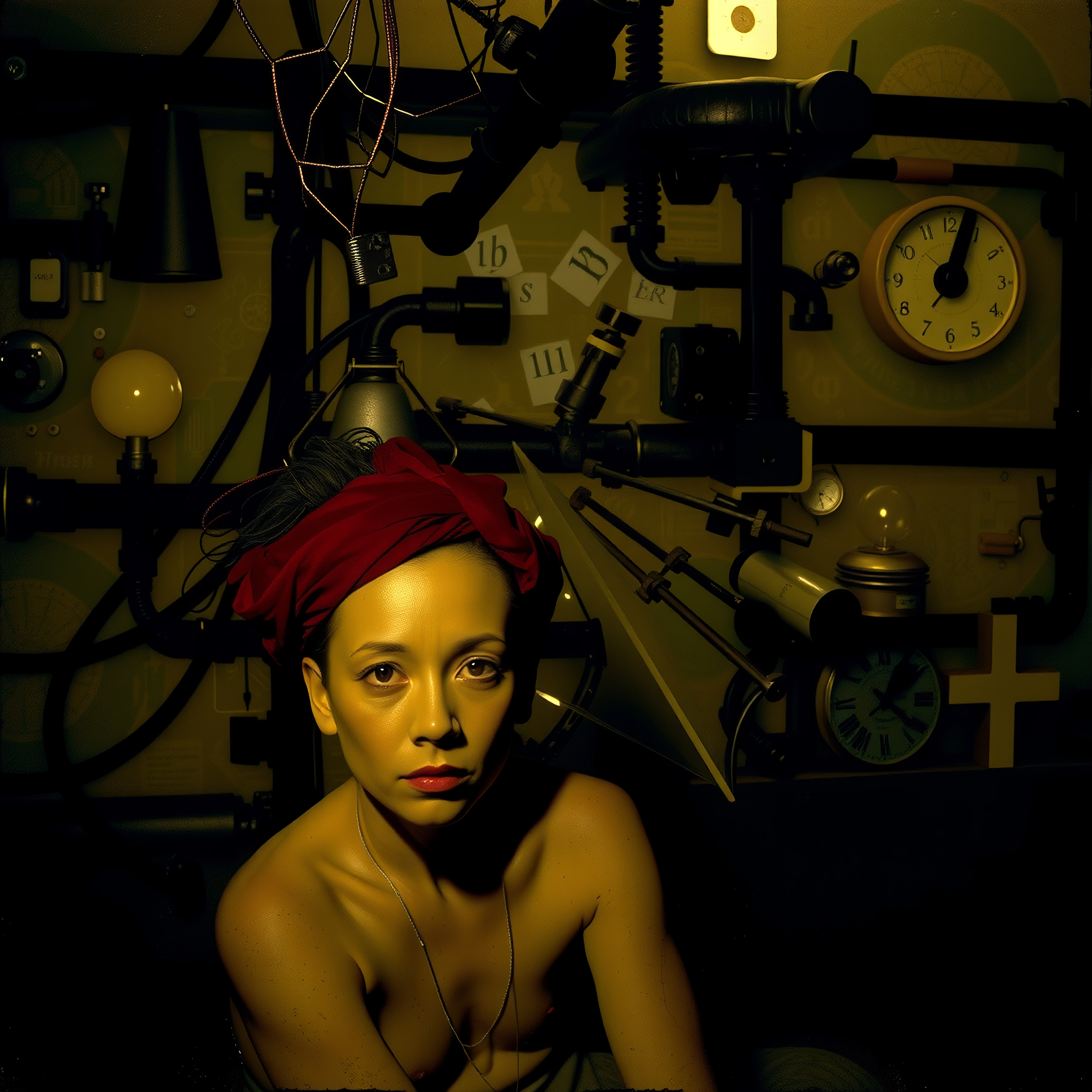 Steampunk Workshop Interior with Seated Woman
