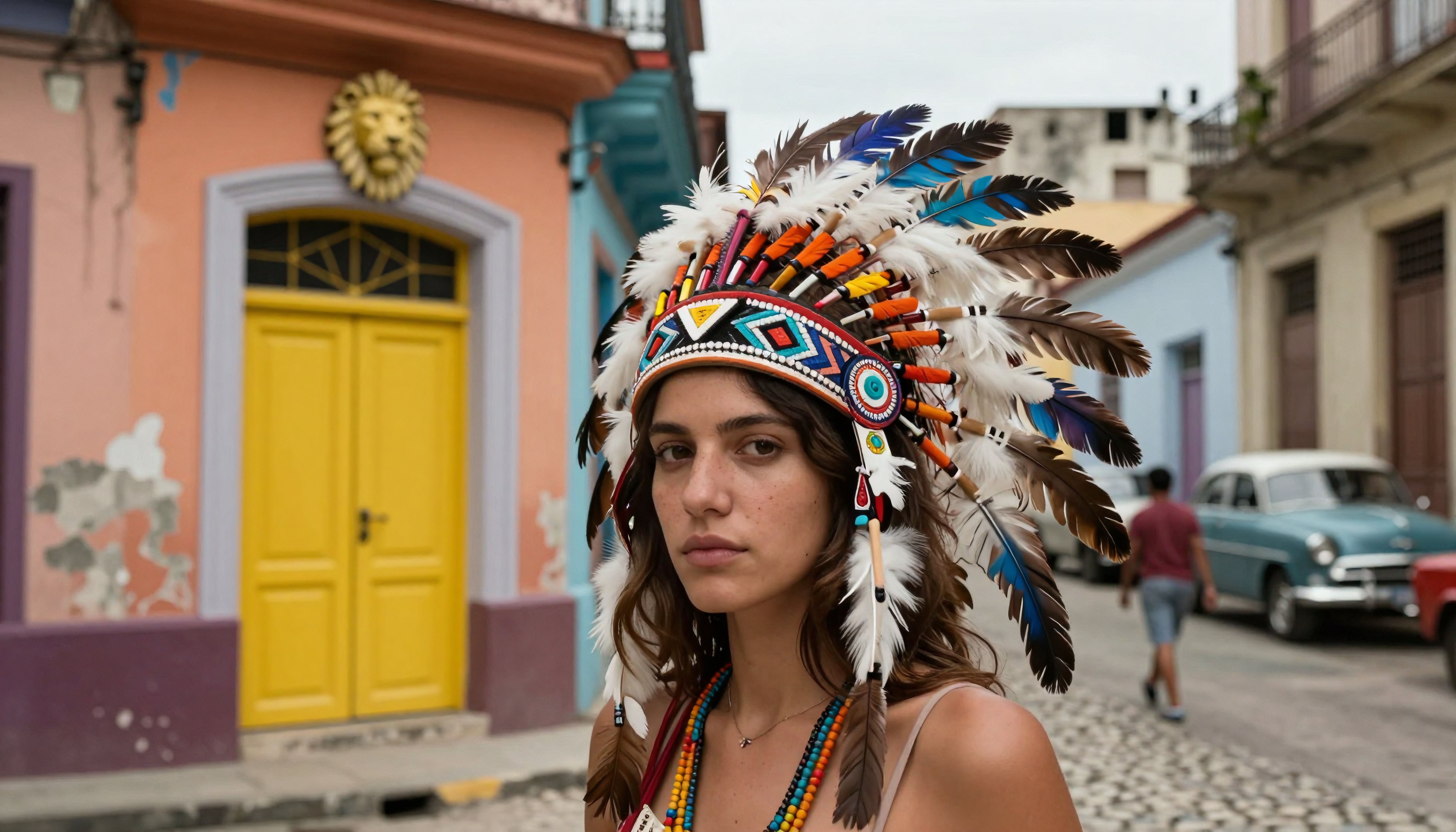Woman with Indigenous Feather Headdress in Vibrant Latin American Street