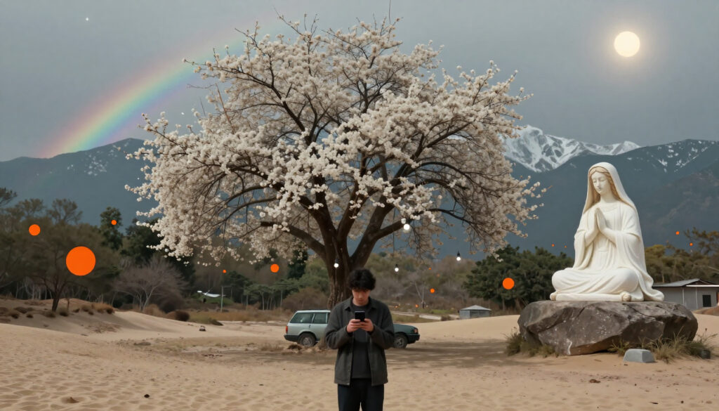 Cherry Blossom Tree, Religious Statue, and Person with Smartphone in Desert Landscape
