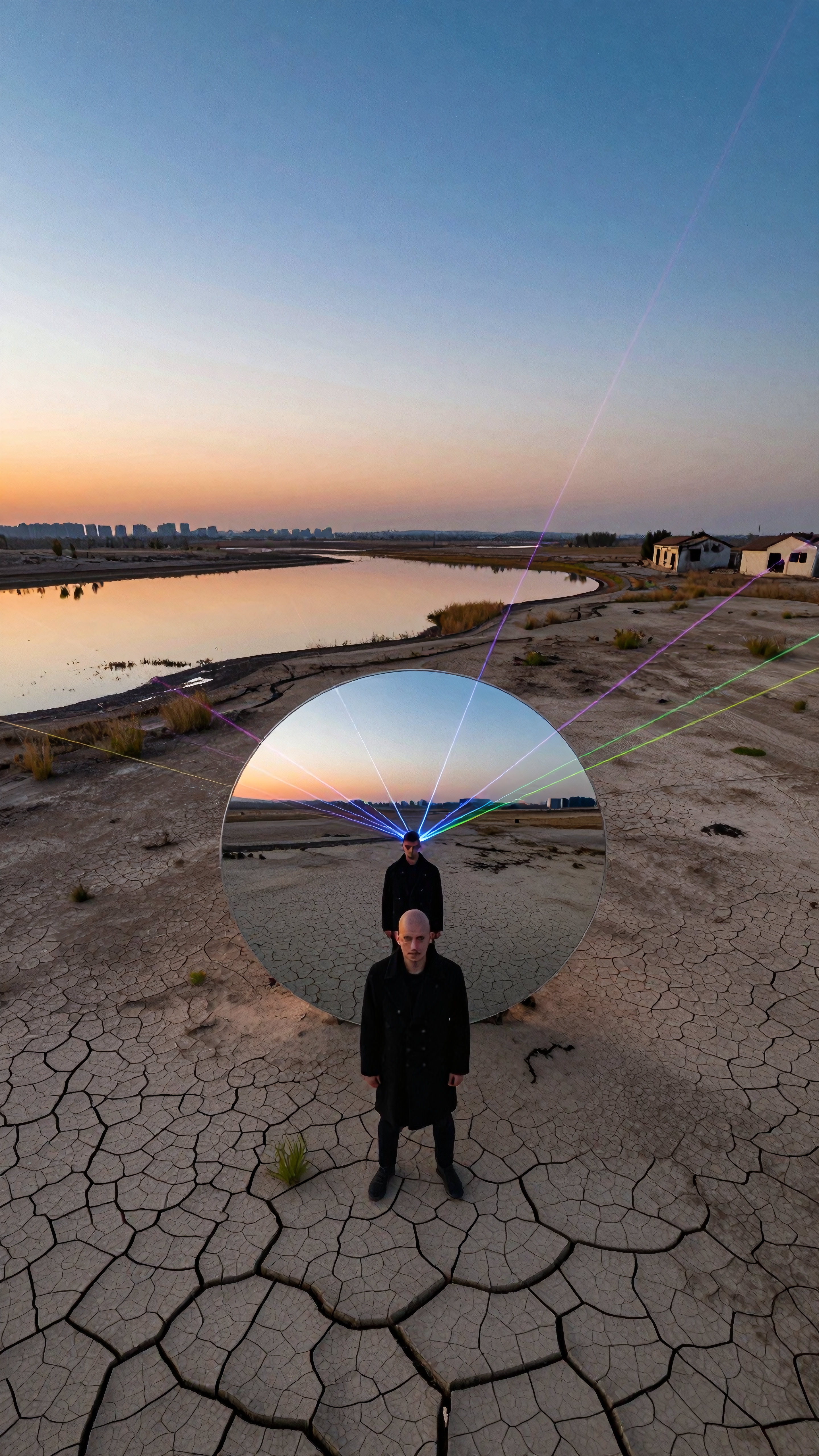 Reflective Disc and Figures in Arid Landscape at Sunset