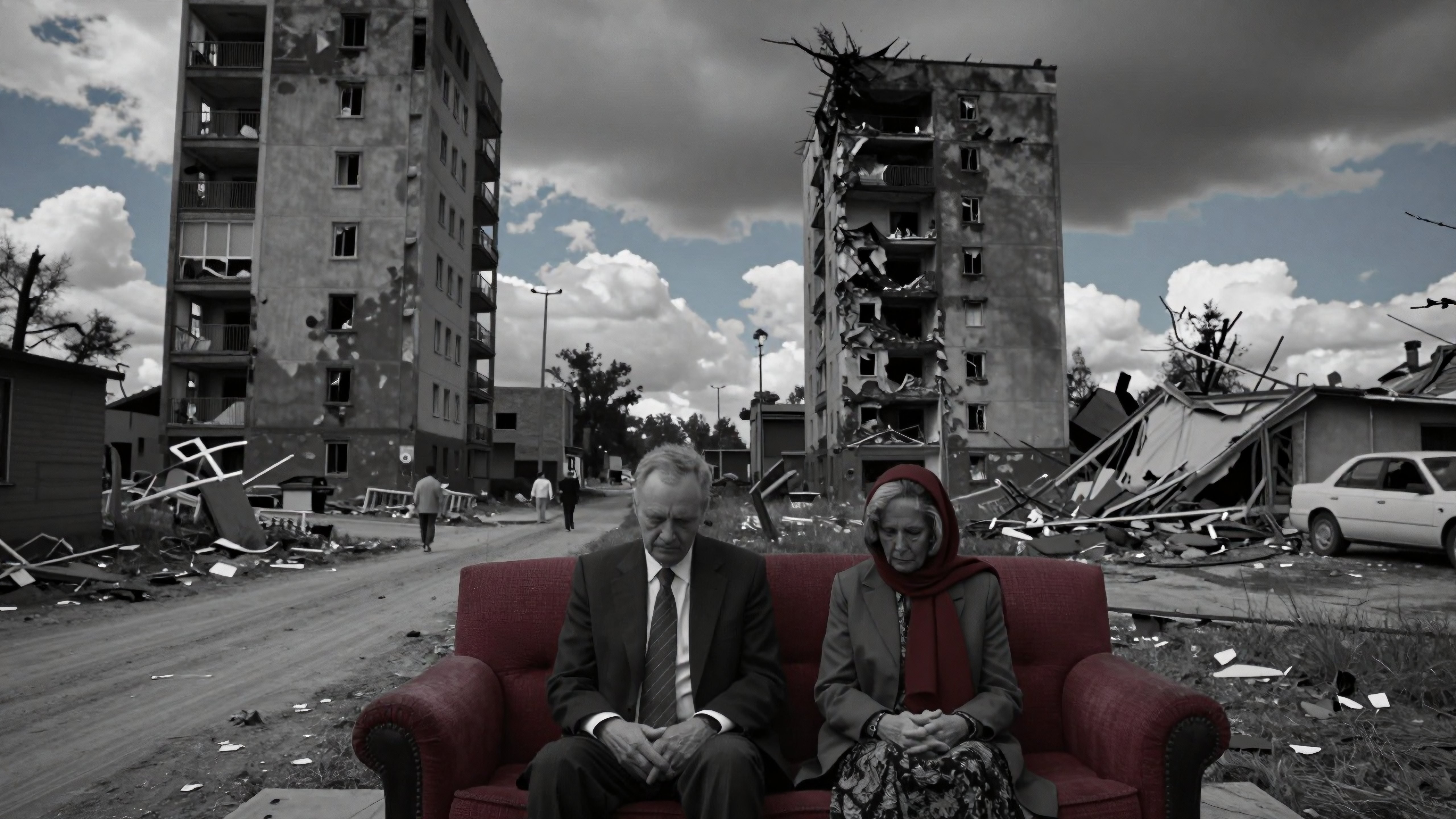 Elderly Couple Seated on Red Couch Amidst War-Torn Cityscape