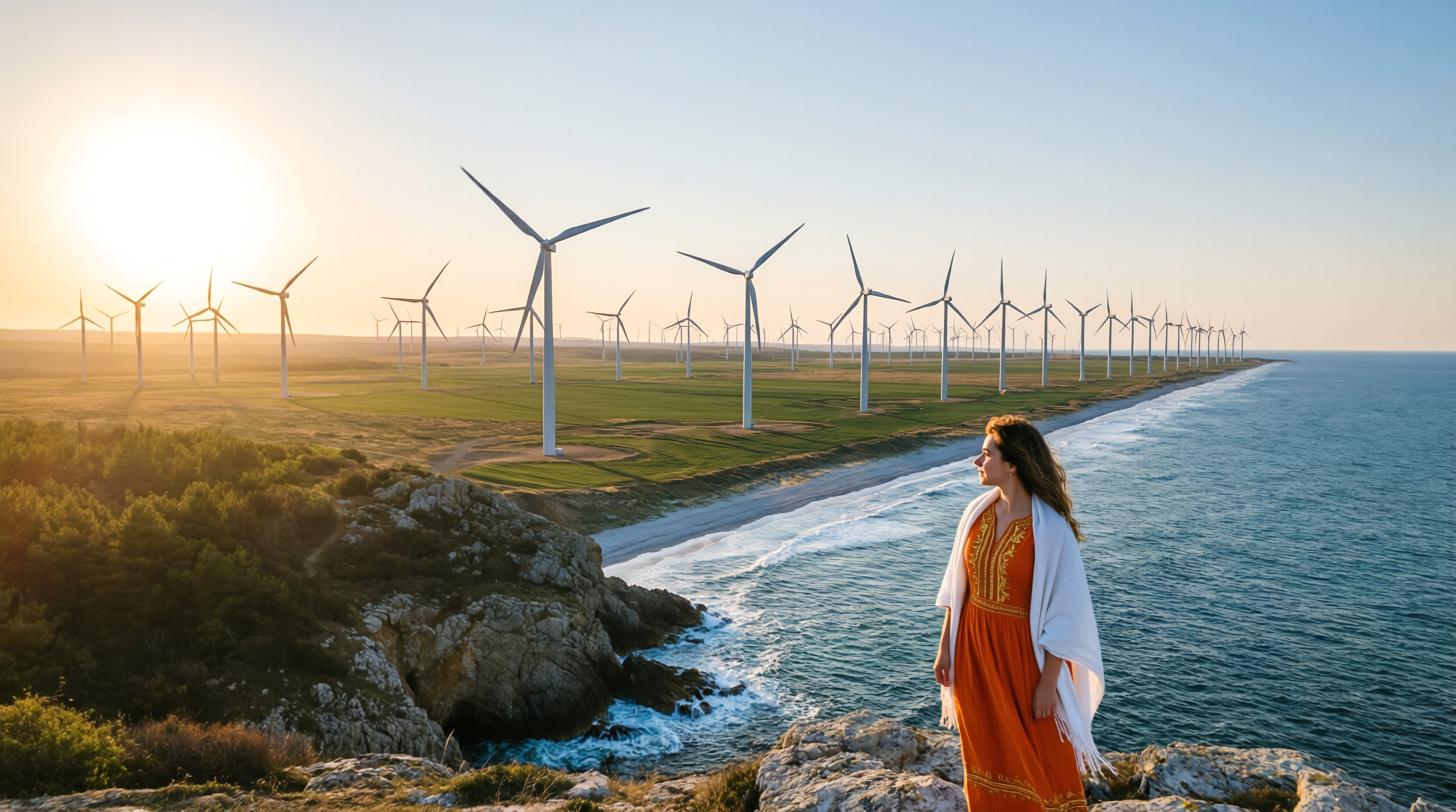 Coastal Wind Farm Sunset with Woman Contemplating the Horizon