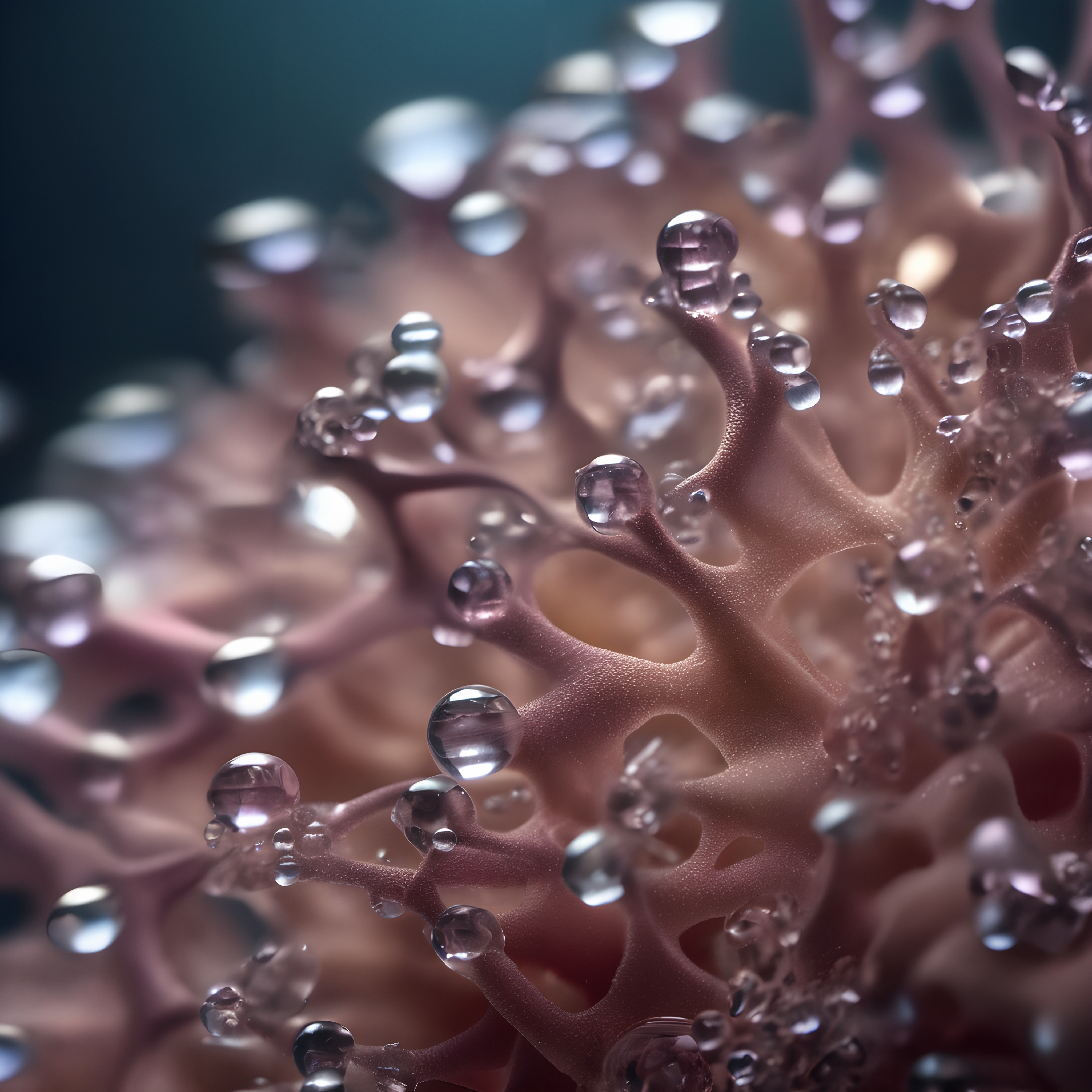 Macro view of delicate pink coral texture covered in glistening droplets of water