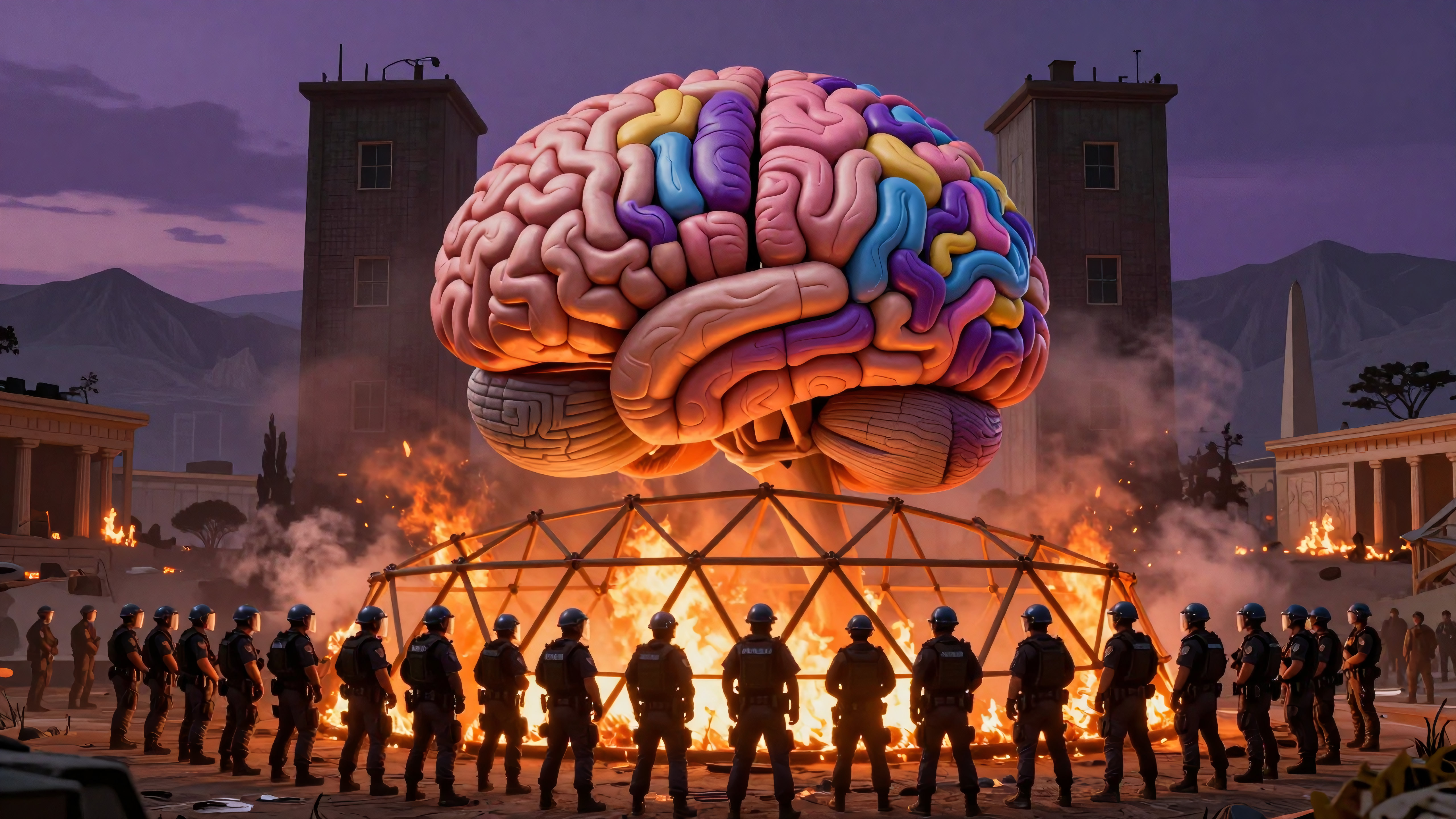 Giant Multicolored Brain Over Fiery Scene with Police Formation