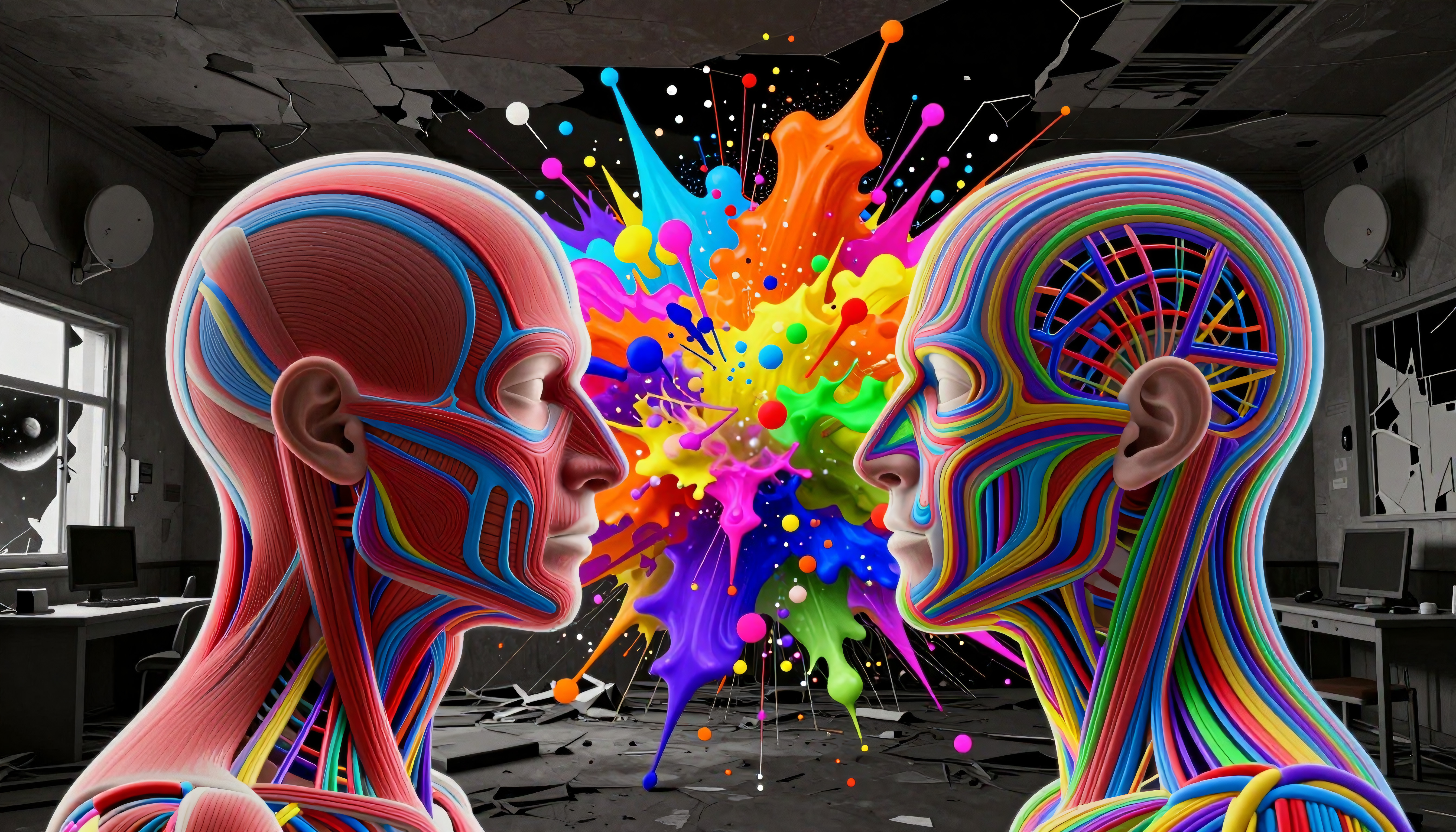 Surreal Neural Connection Between Two Stylized Heads in Abandoned Office
