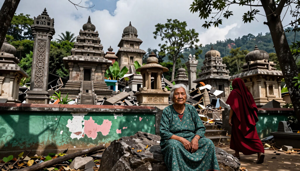 Elderly woman amidst ruined ancient South Asian temples with a walking figure