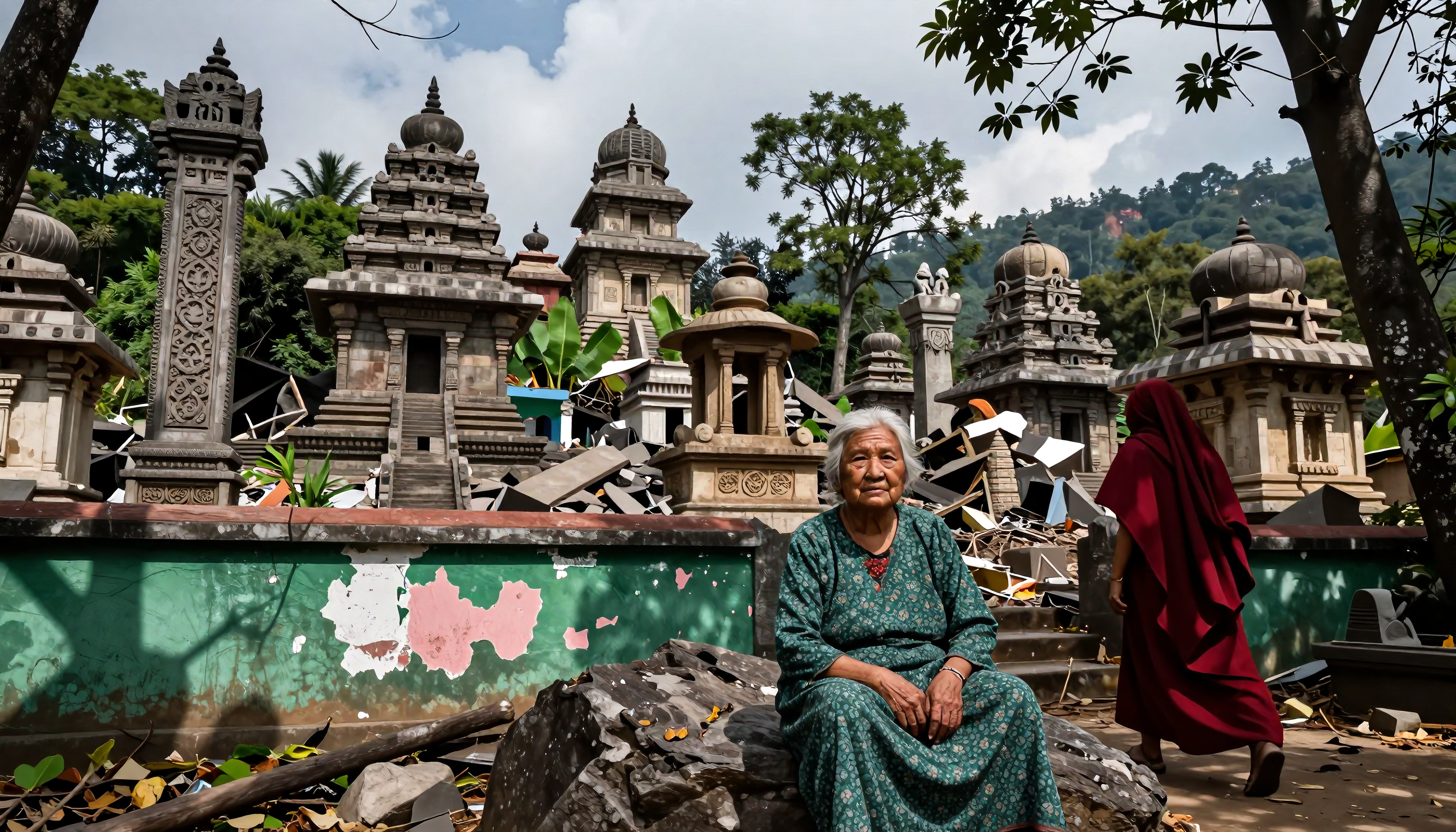 Elderly woman amidst ruined ancient South Asian temples with a walking figure