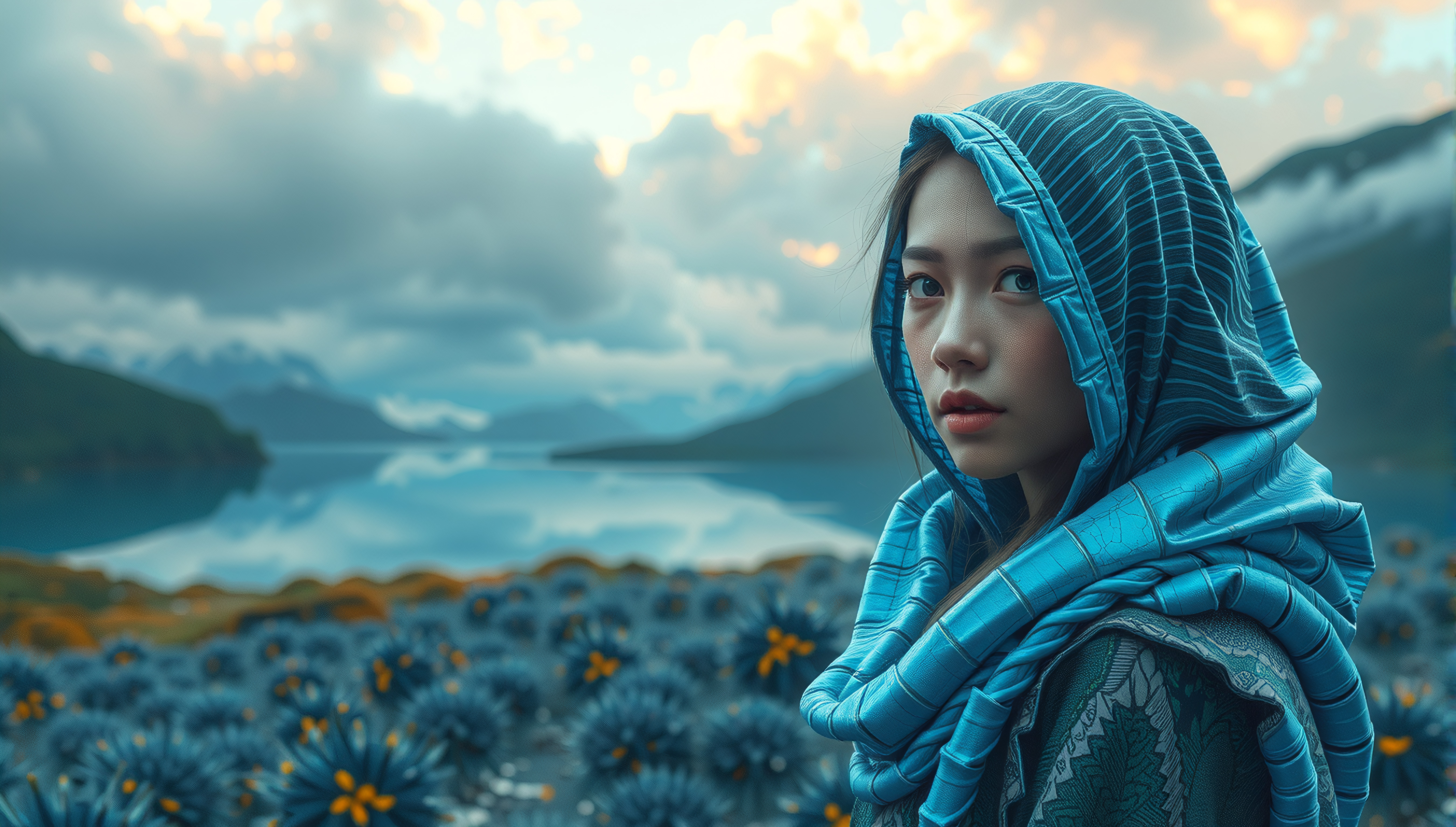 Serene Mountain Landscape with Woman in Blue Hooded Cloak at Dusk