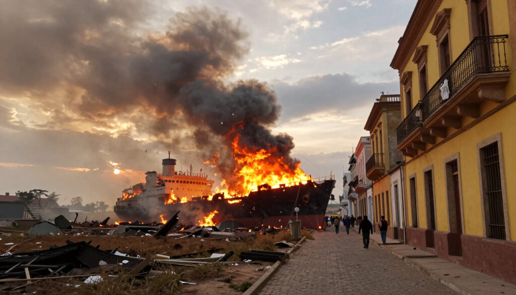Burning Ship Fire in Coastal Town Street at Dusk