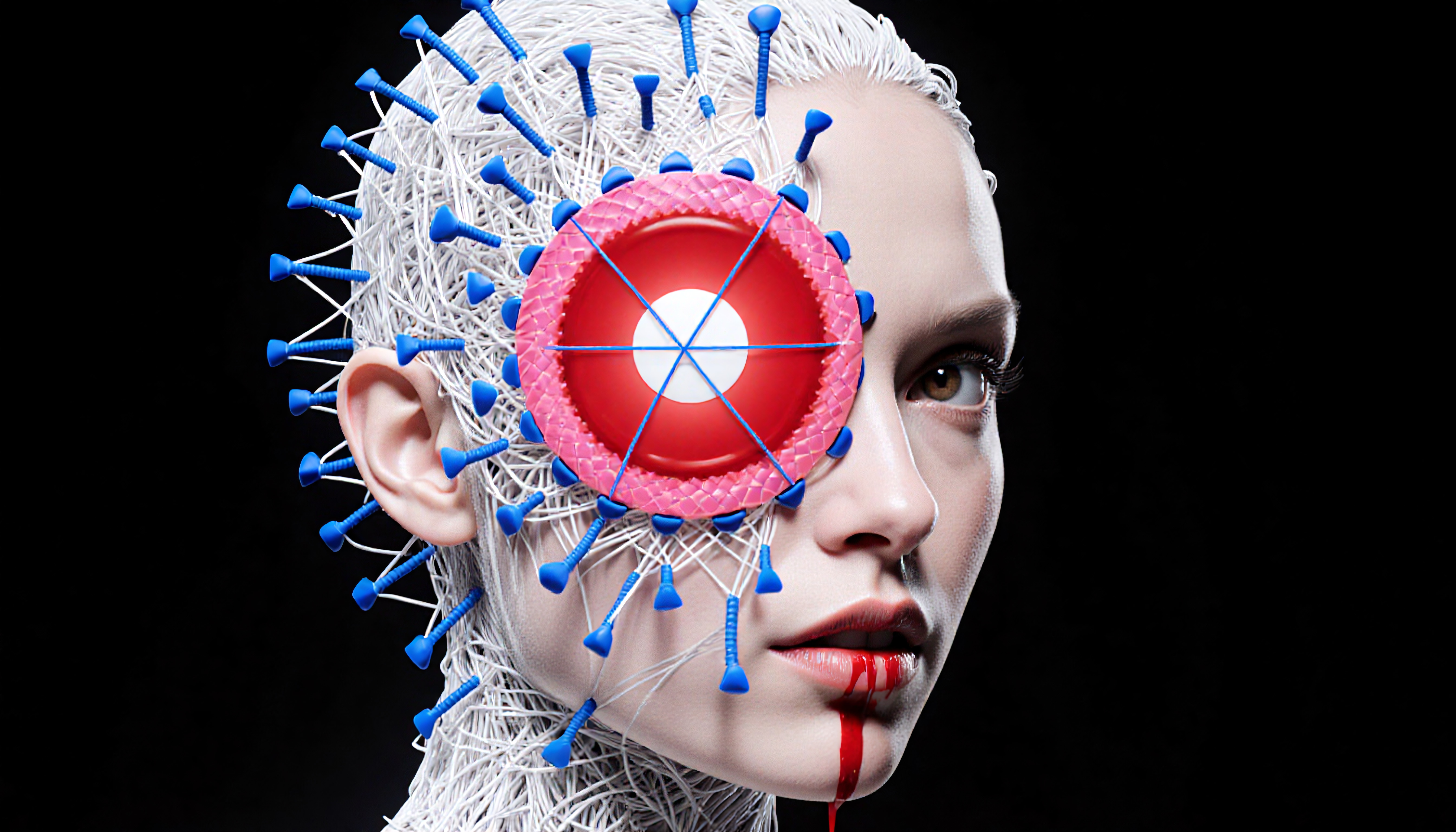Cybernetic Human Head with Mechanical Eye and Blue Pins