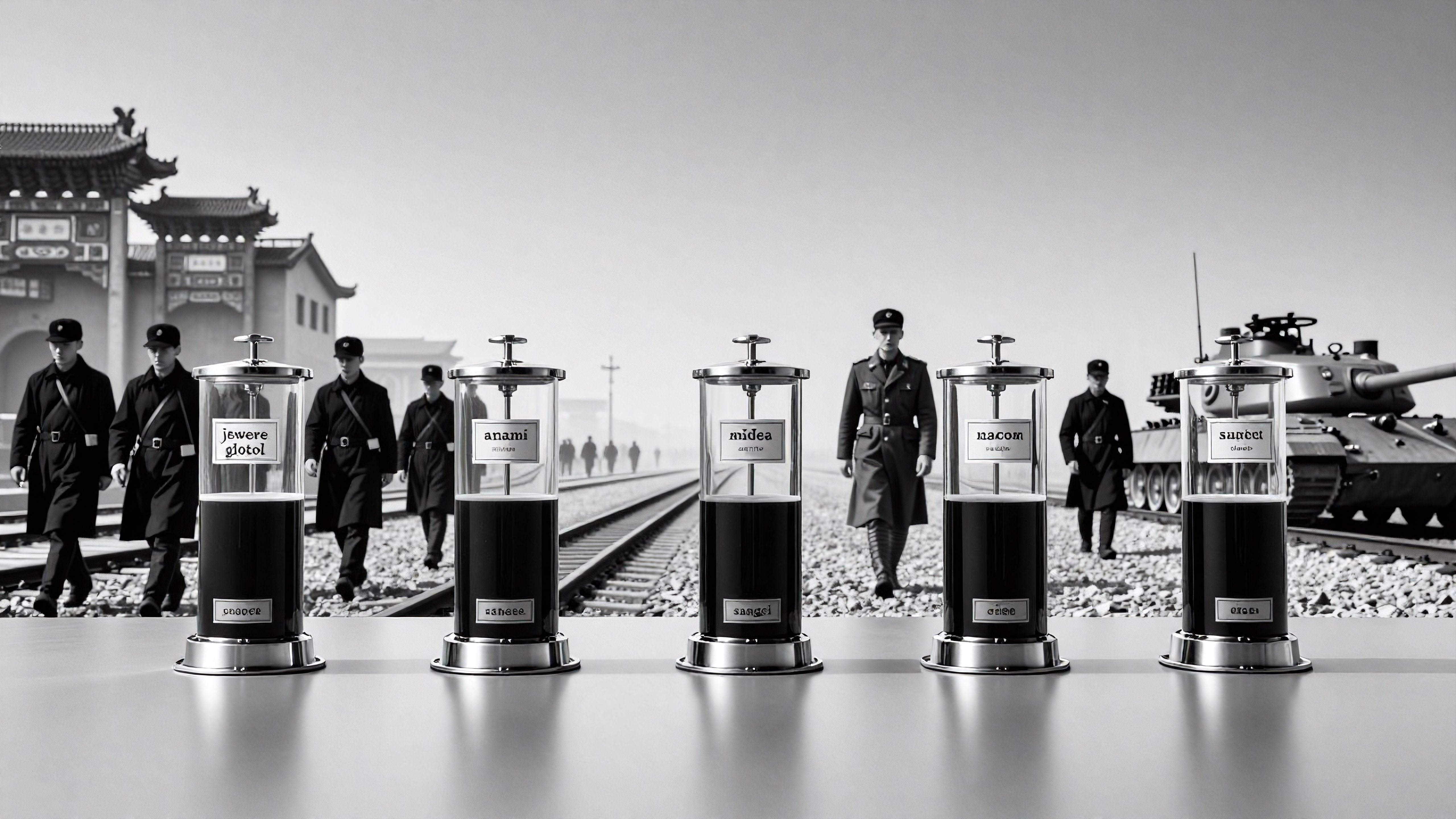 Labeled Pressure Cookers with Military Railway and Tank Backdrop