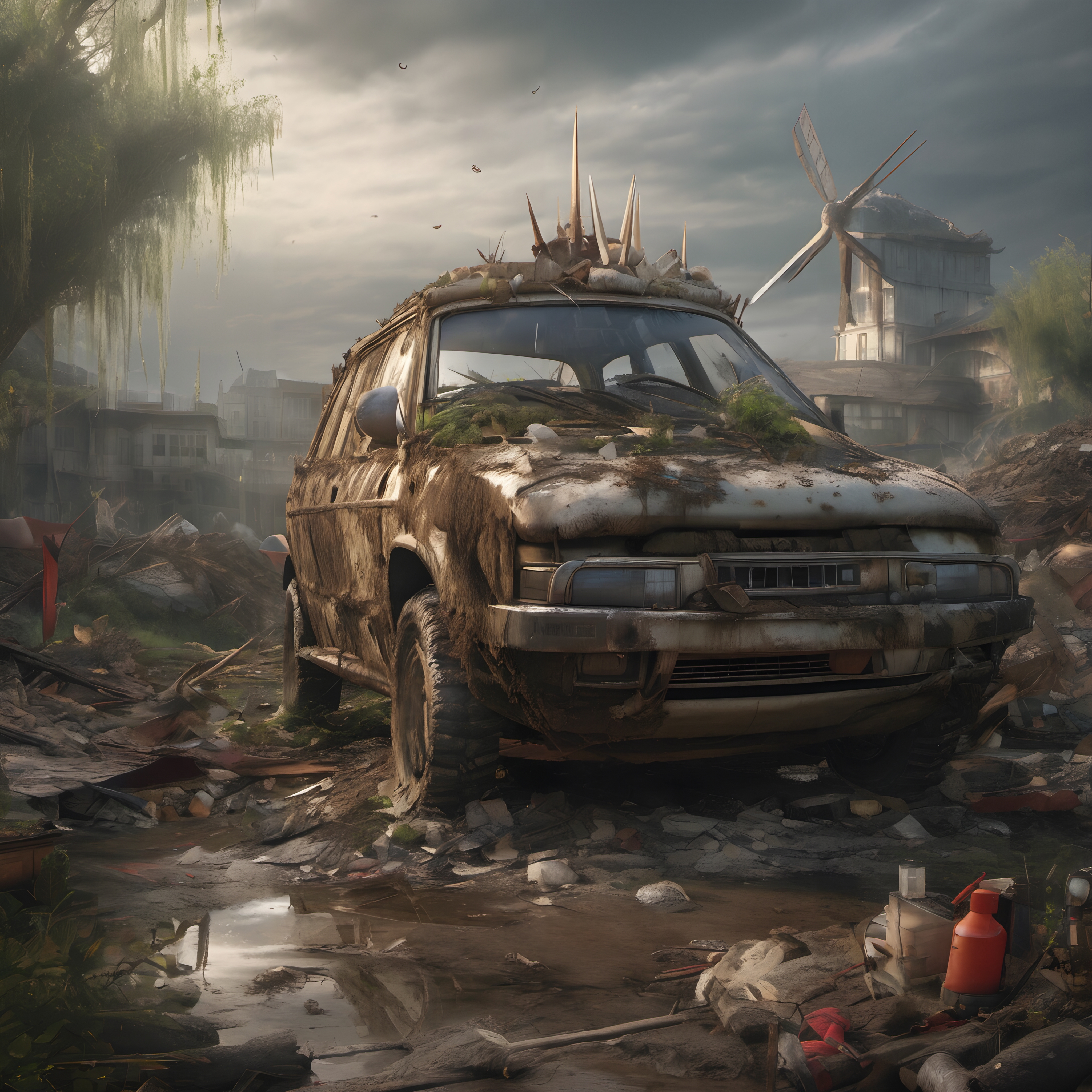 Post-Apocalyptic Abandoned SUV in Ruined Urban Landscape