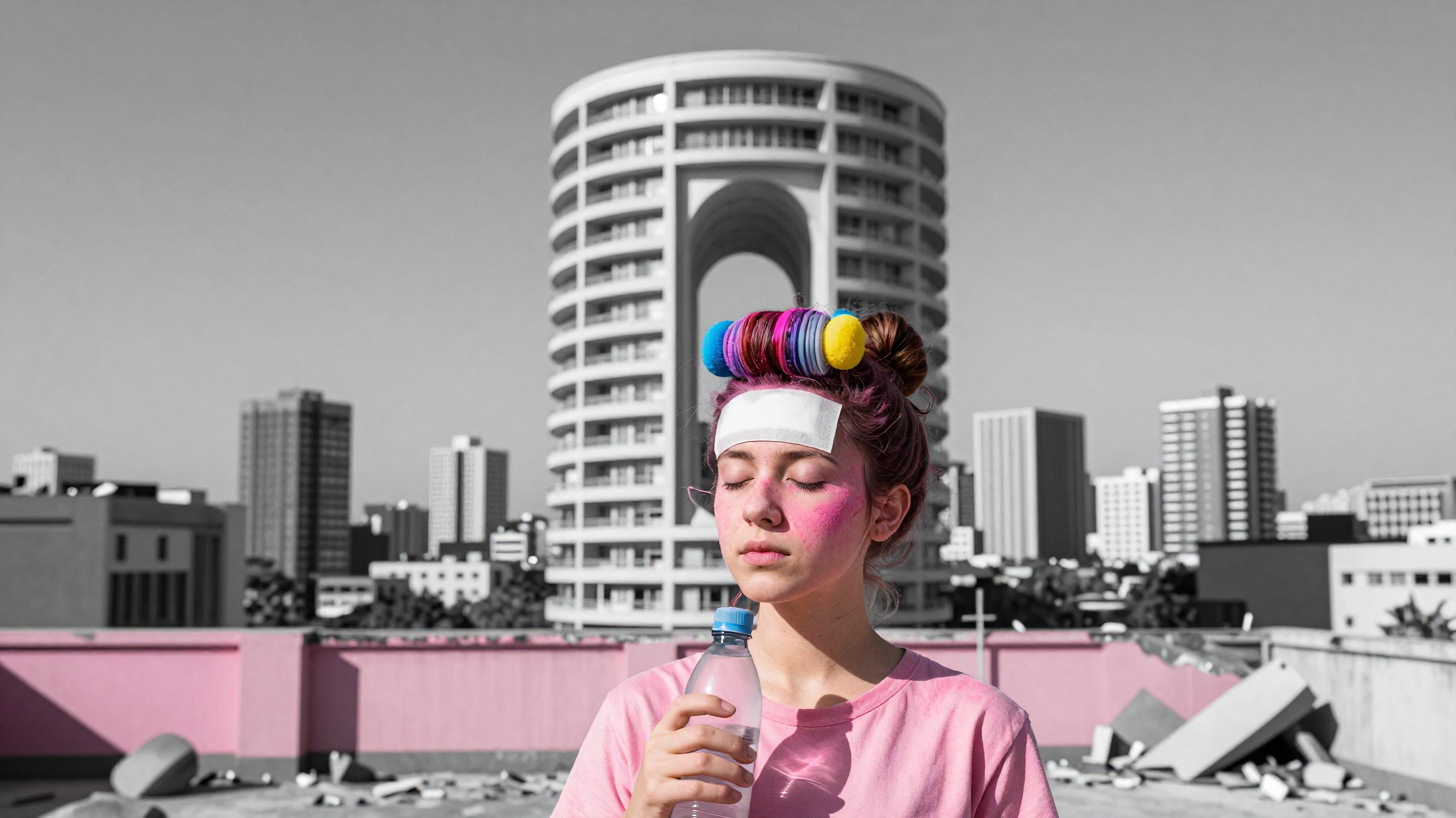 Urban Rooftop Portrait with Colorful Hair Accessories and Pink Face Paint