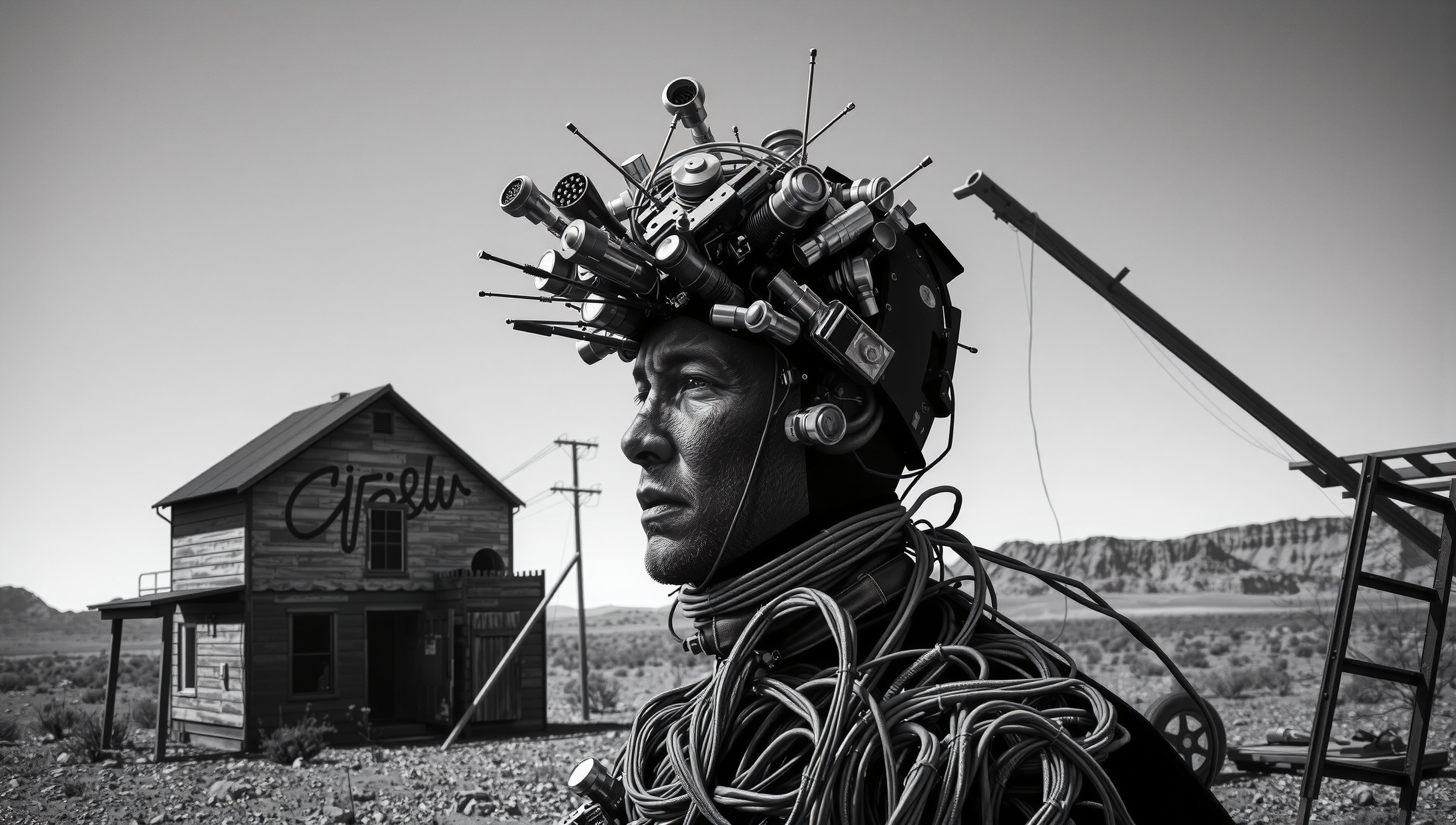 Cybernetic Figure in Desert Ruins with Mechanical Headpiece and Old House