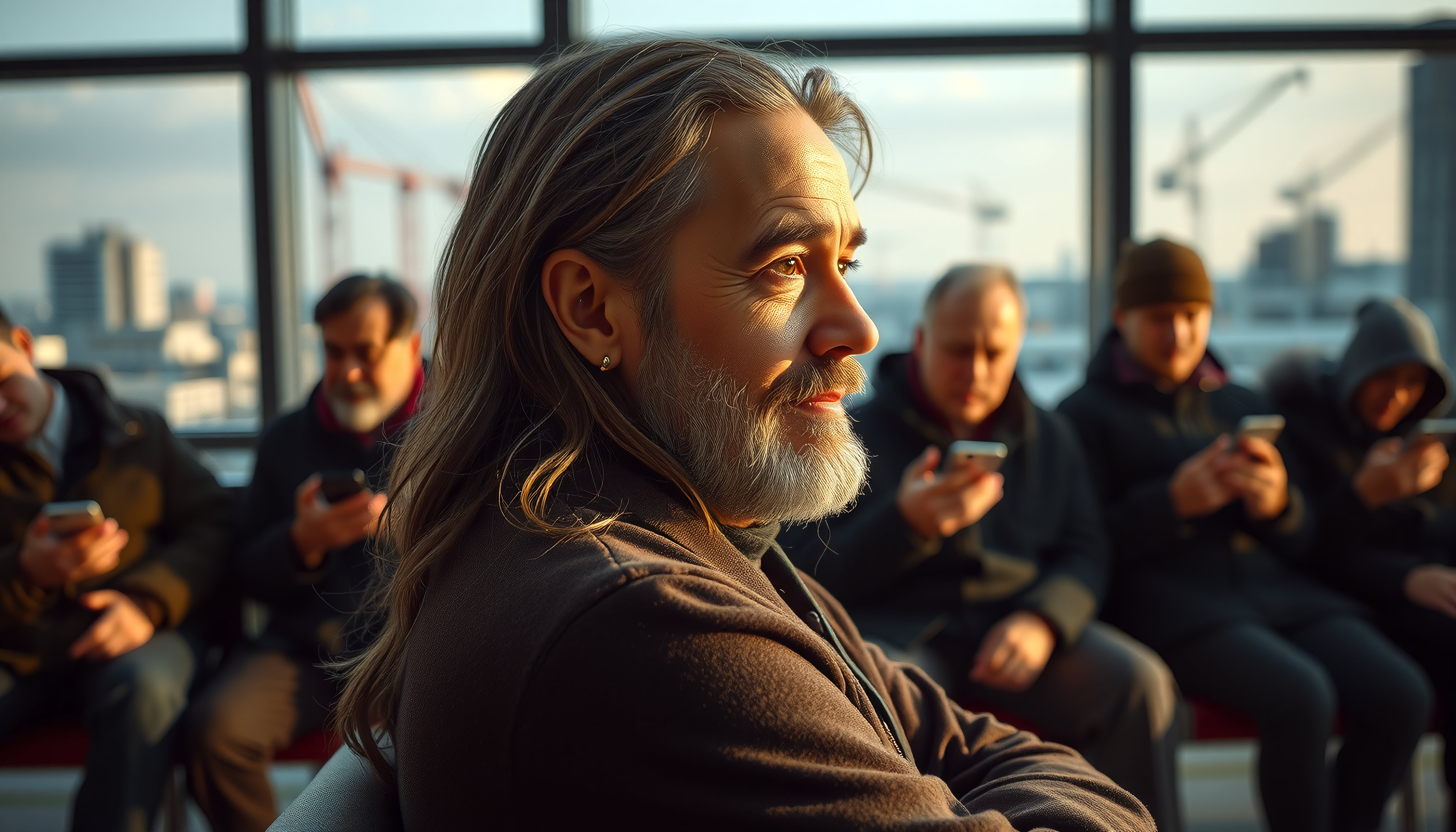 Urban Wait: Modern Cityscape with People in Sunlit Waiting Area