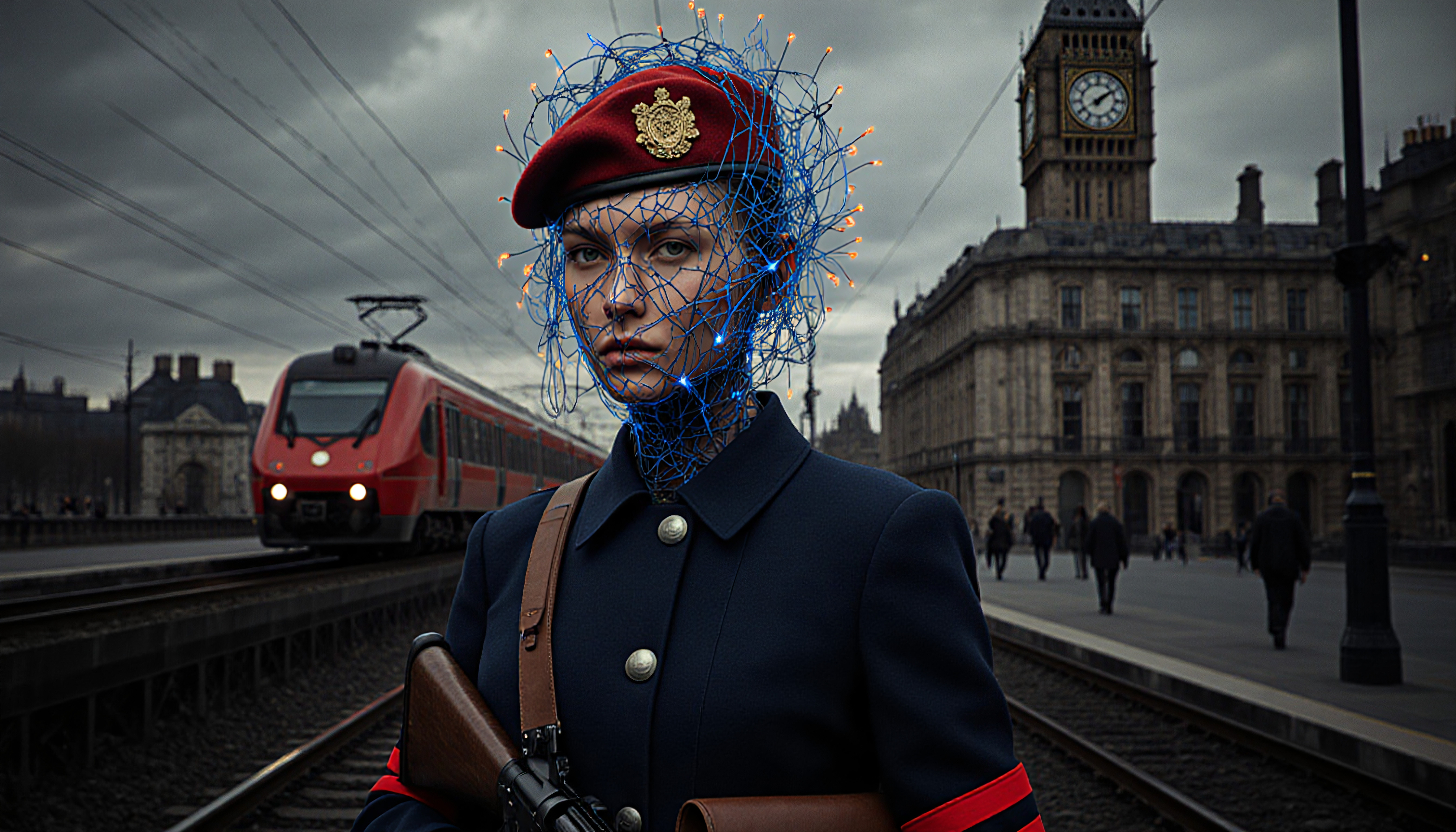 Guardian with Neural Network Headpiece at London Railway Station