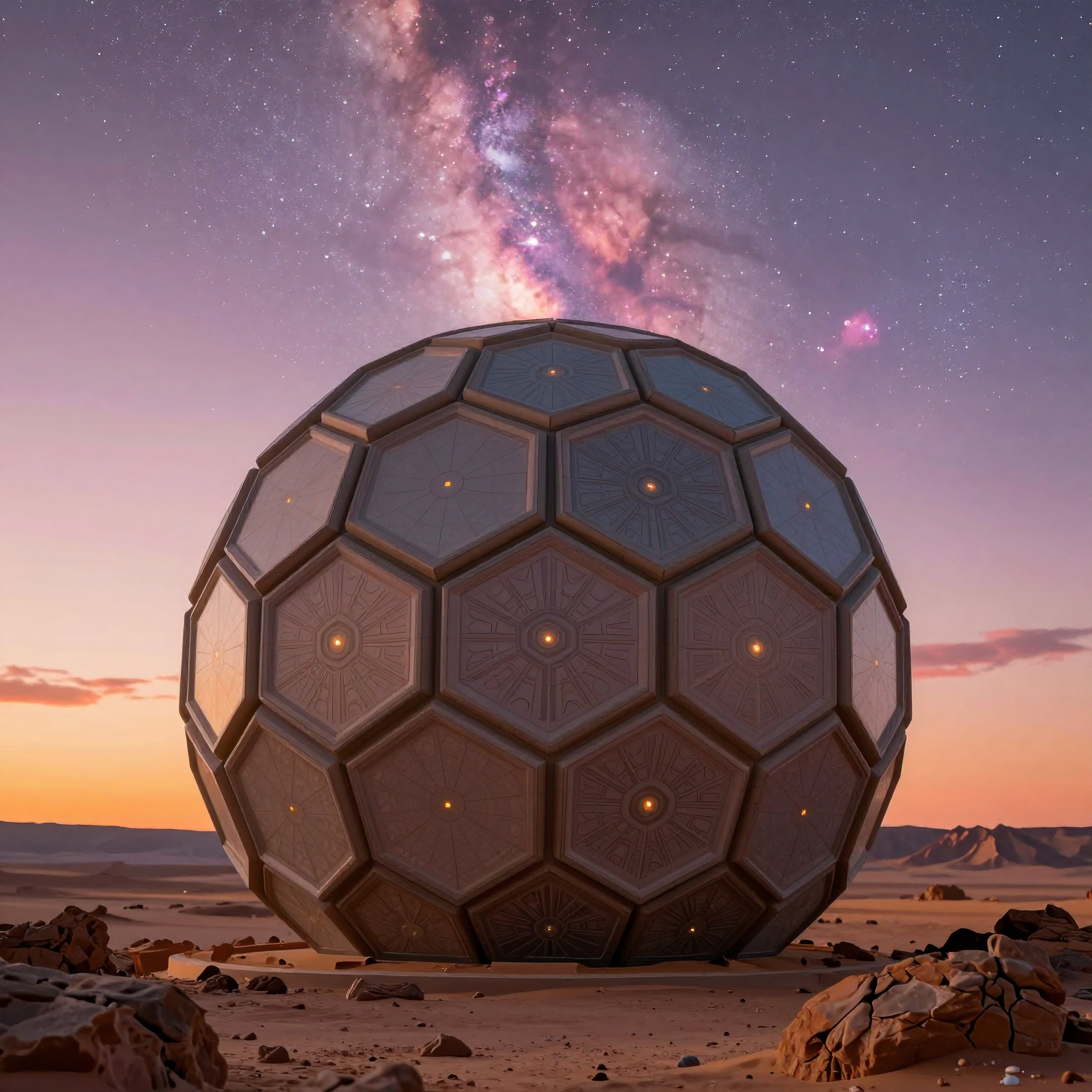 Futuristic Geodesic Dome in Desert Under Cosmic Twilight