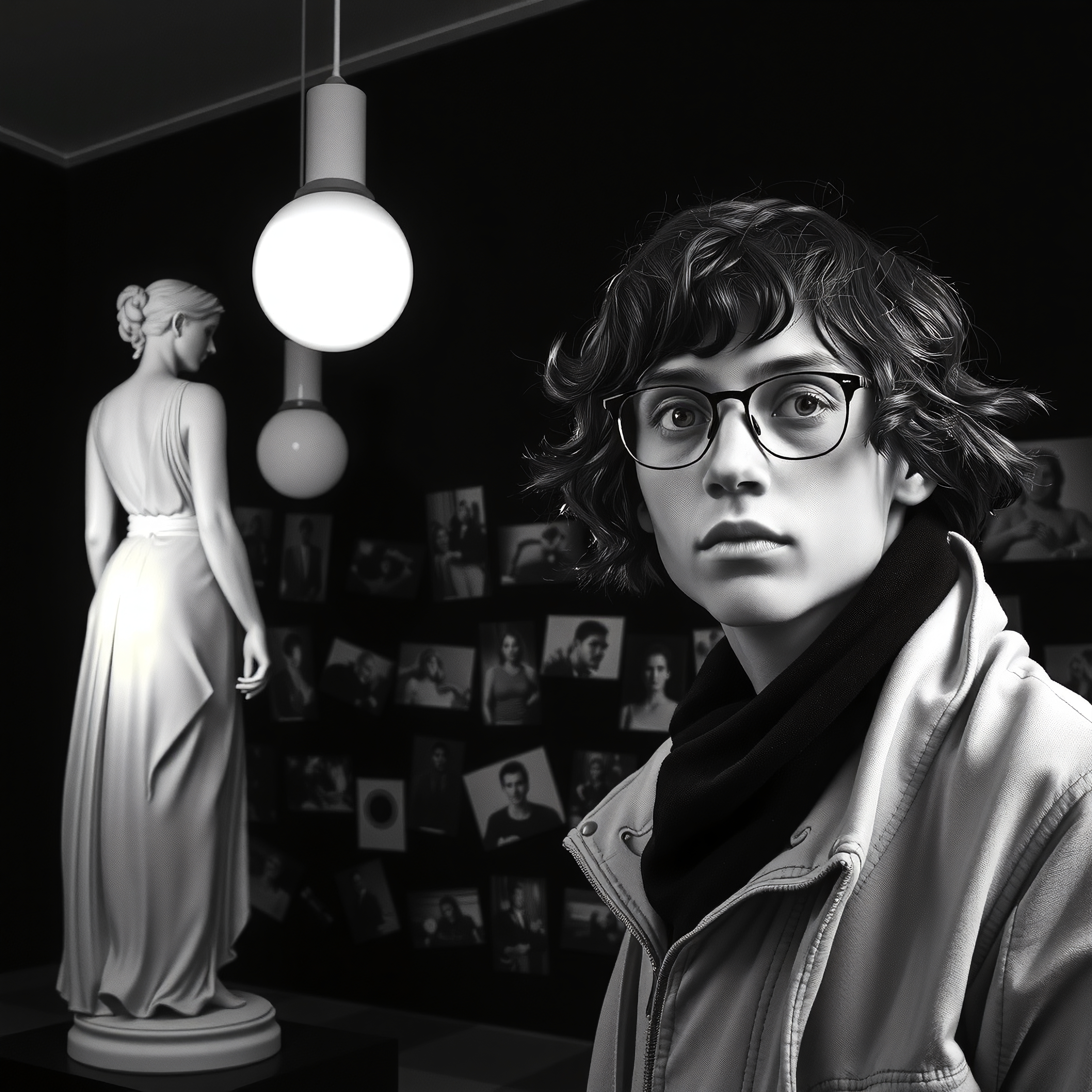 Monochrome Interior with Statue and Gallery Wall