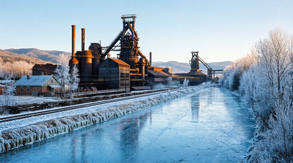 Winter Industrial Landscape with Frozen River and Factory Complex