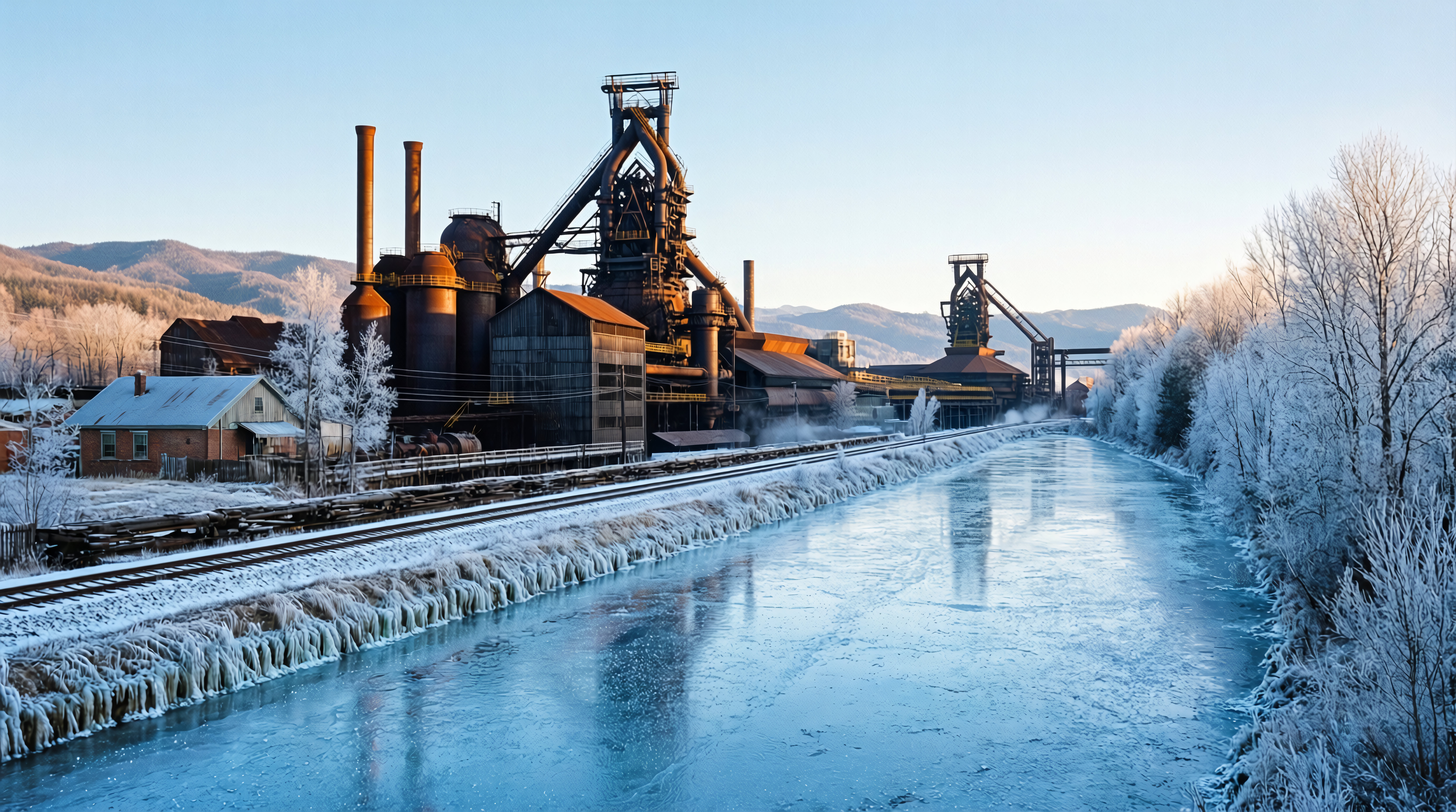 Winter Industrial Landscape with Frozen River and Factory Complex