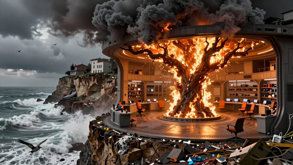 Burning Tree in Futuristic Coastal Office Amidst Stormy Seas