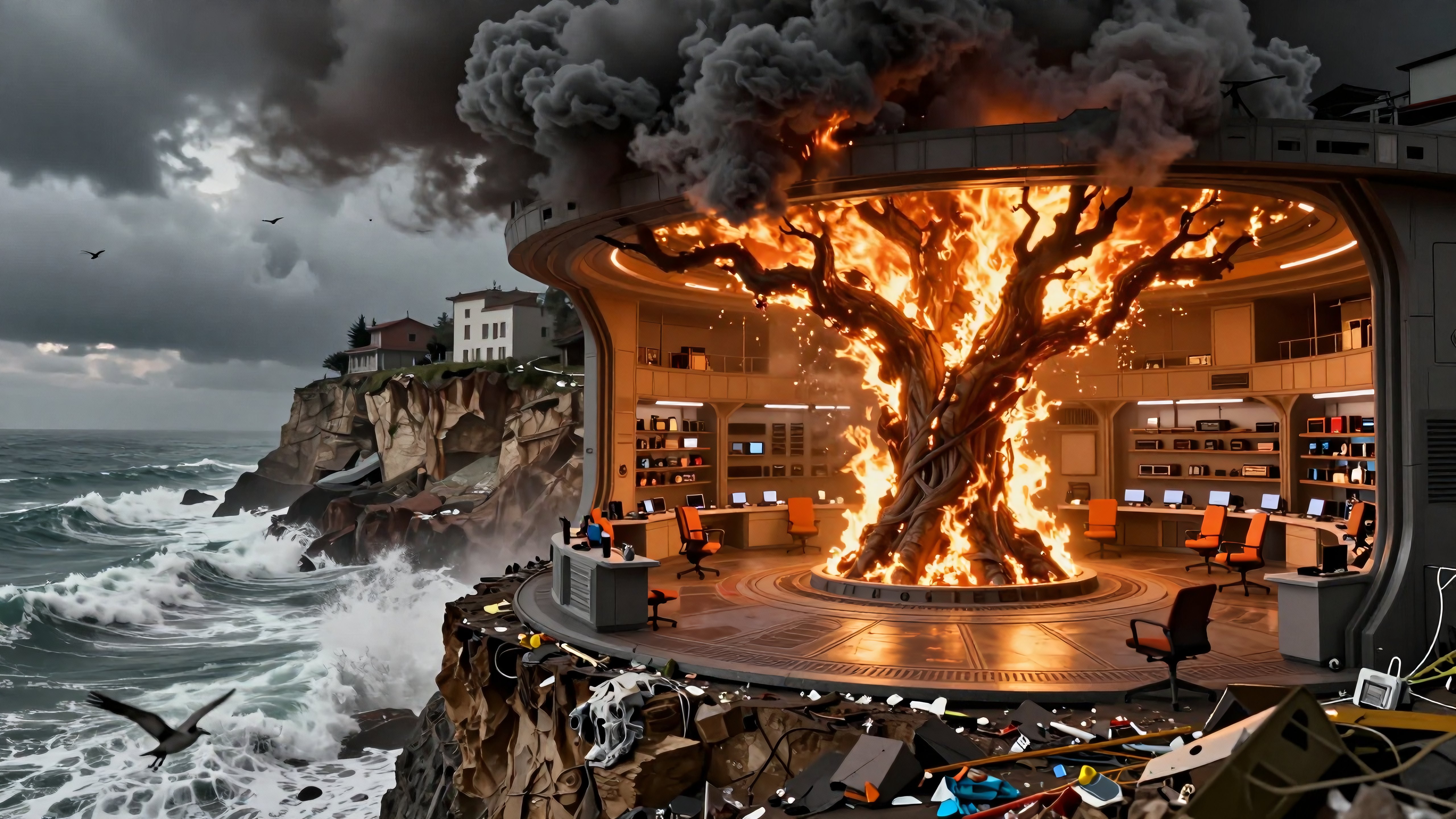 Burning Tree in Futuristic Coastal Office Amidst Stormy Seas